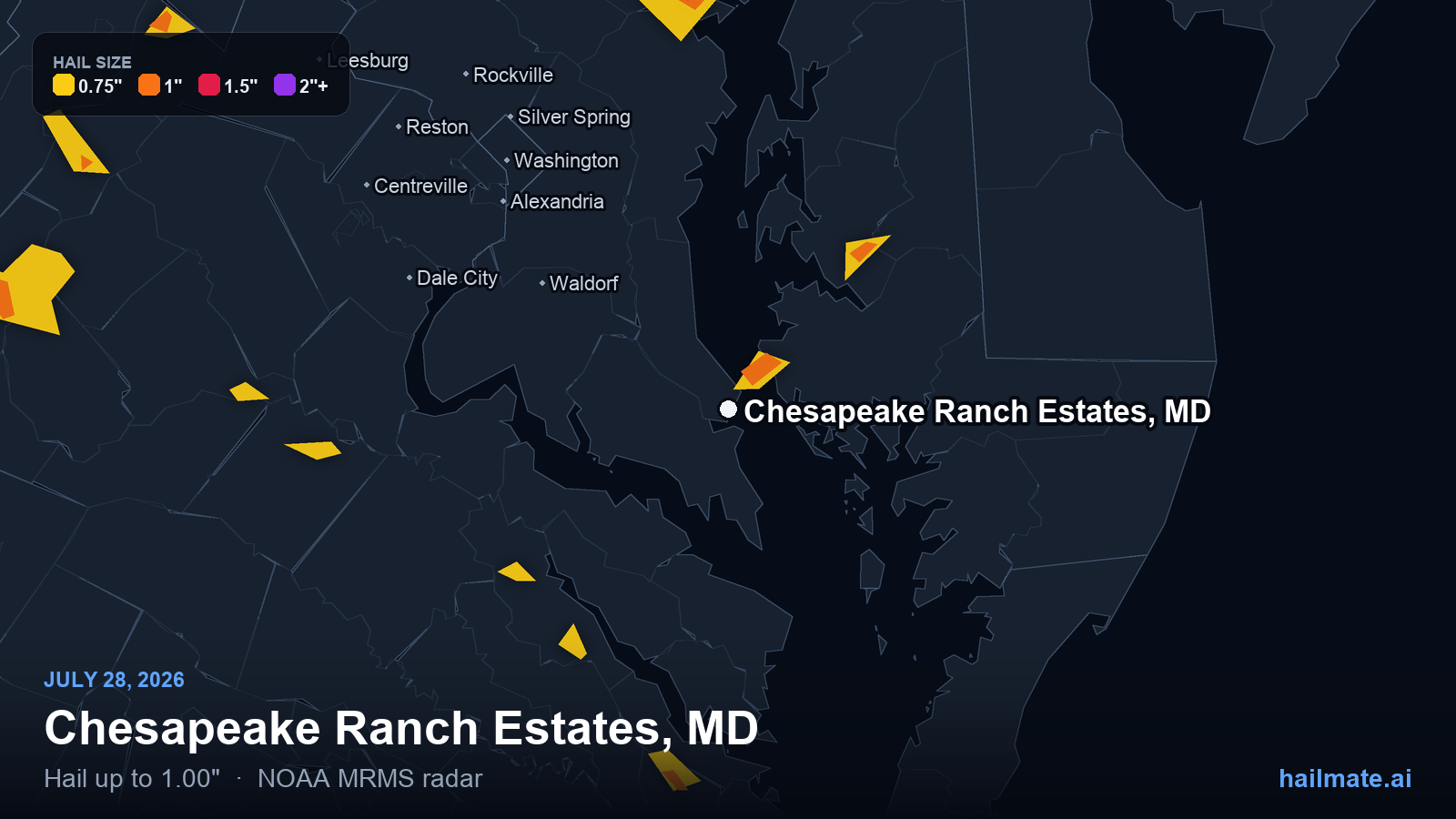 Hail swath map for Chesapeake Ranch Estates, MD on July 28, 2026 showing 1.00 inch hail.