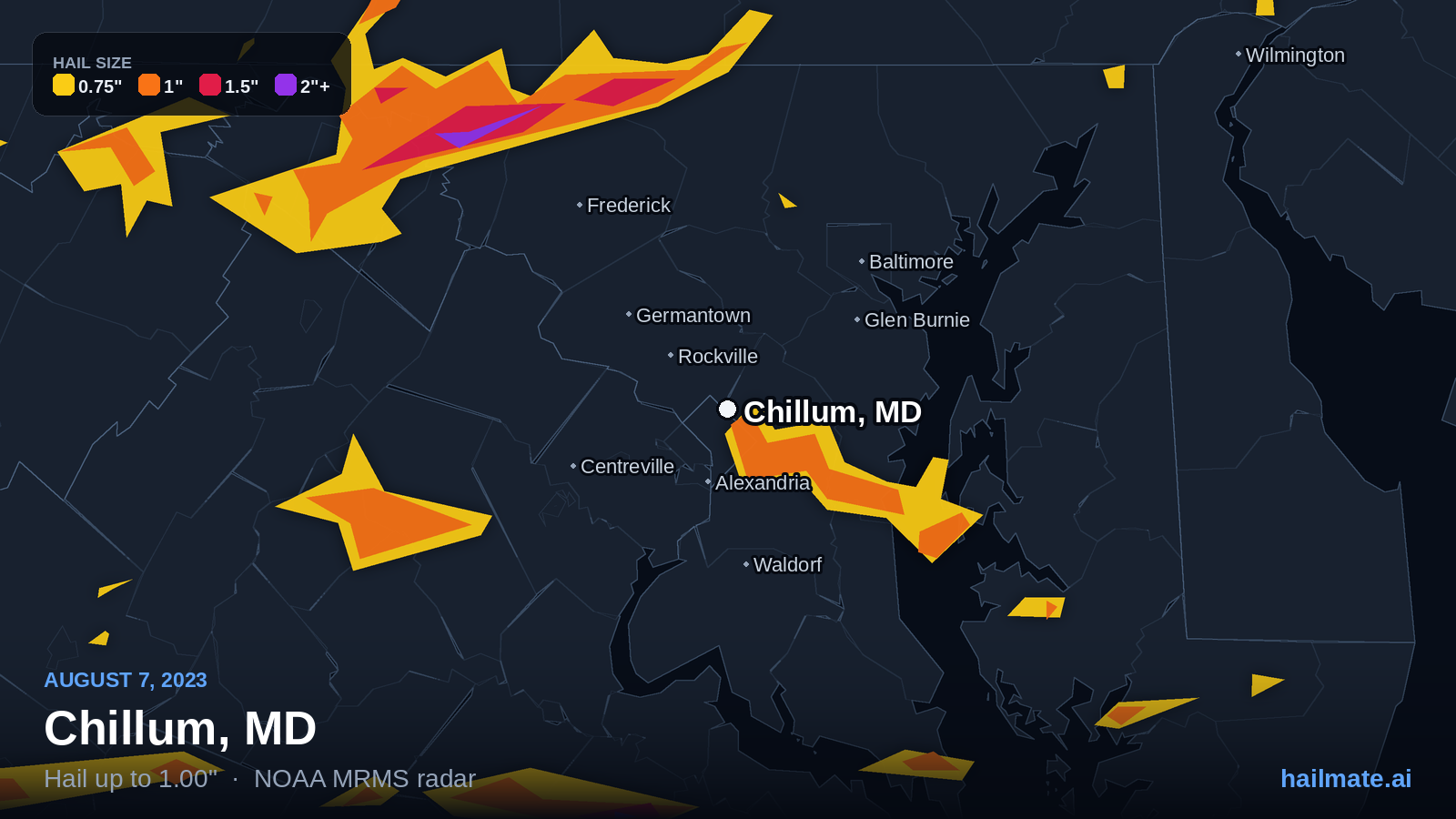 Hail swath map for Chillum, MD on August 7, 2023 showing 1.00 inch hail.