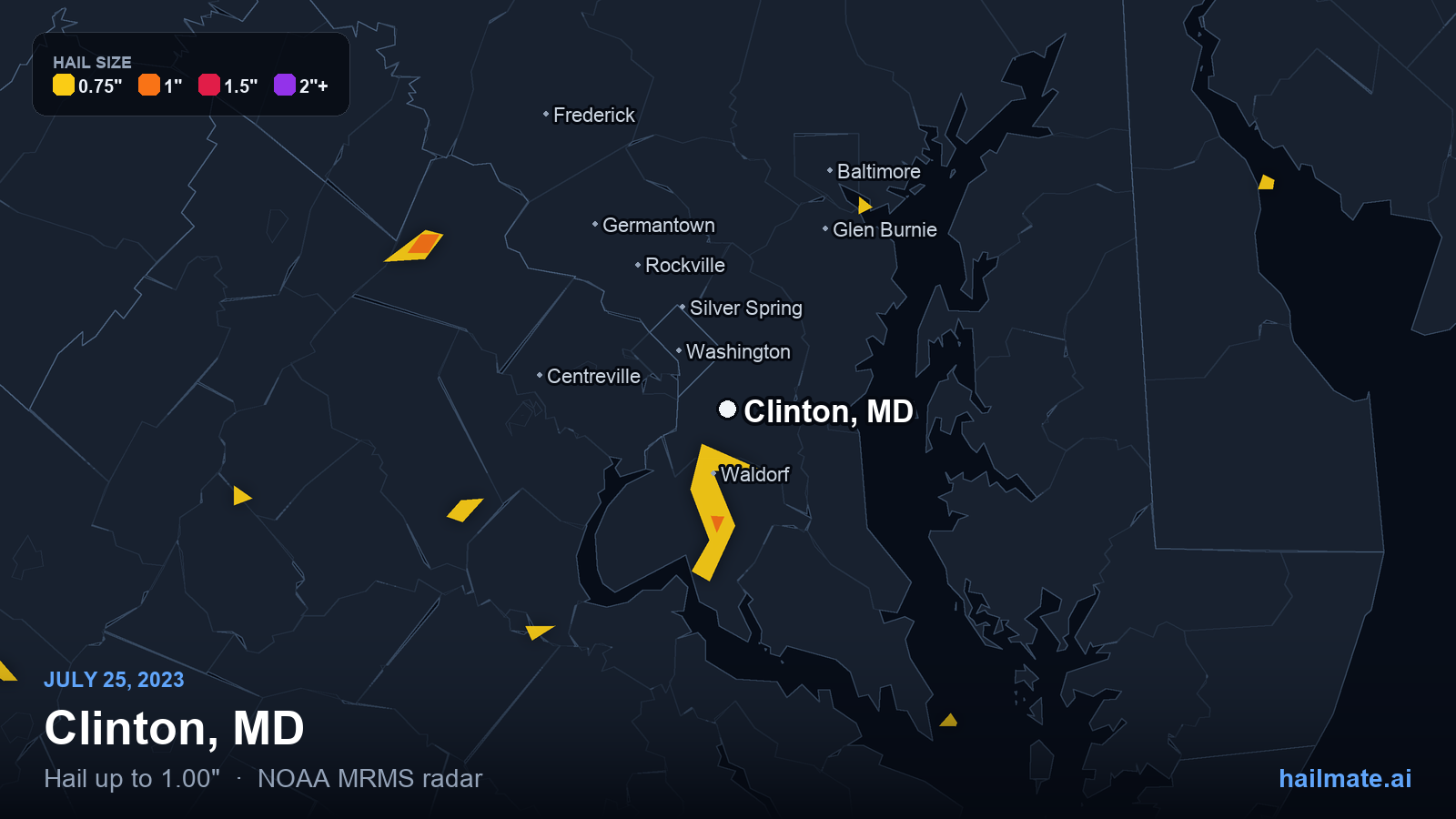 Hail swath map for Clinton, MD on July 25, 2023 showing 1.00 inch hail.