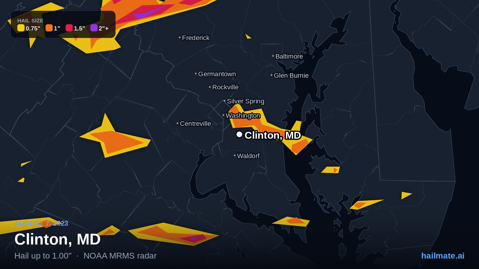 Hail swath map for Clinton, MD on August 7, 2023 showing 1.00 inch hail.