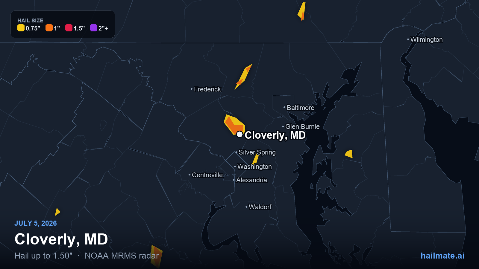 Hail swath map for Cloverly, MD on July 5, 2026 showing 1.50 inch hail.