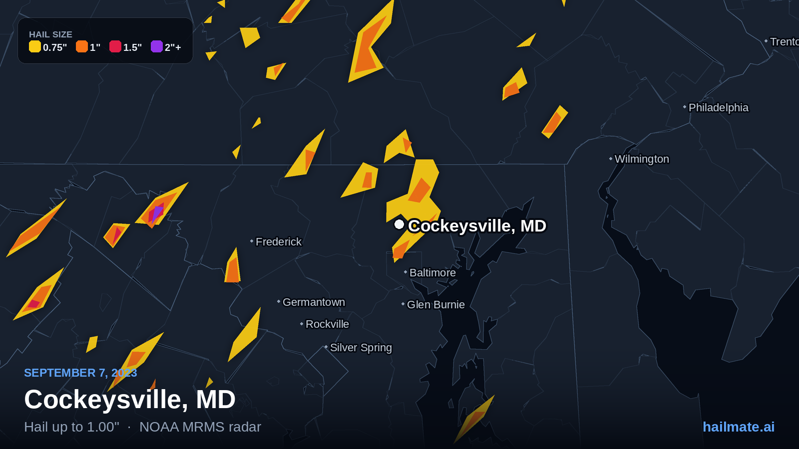 Hail swath map for Cockeysville, MD on September 7, 2023 showing 1.00 inch hail.