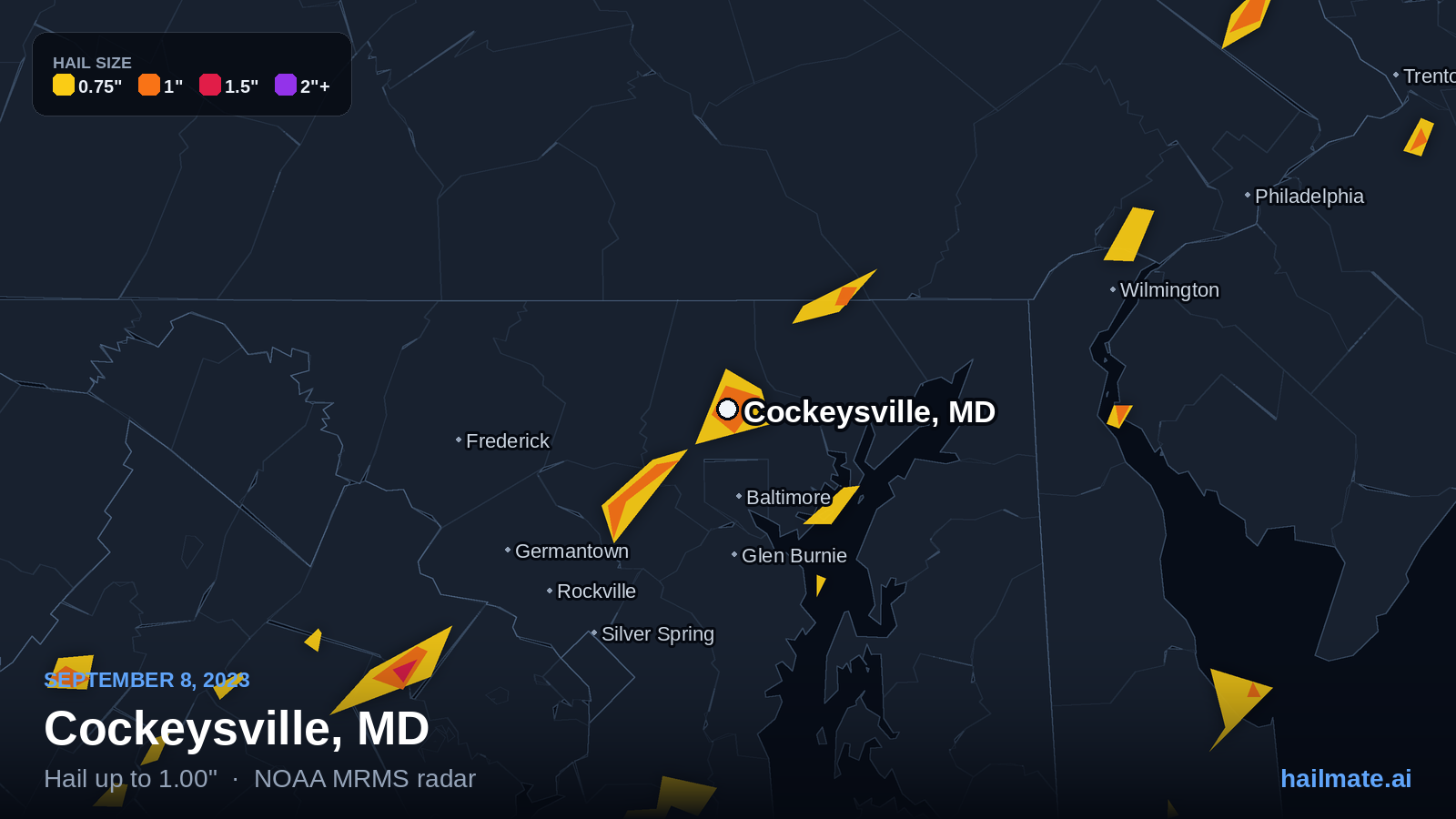 Hail swath map for Cockeysville, MD on September 8, 2023 showing 1.00 inch hail.