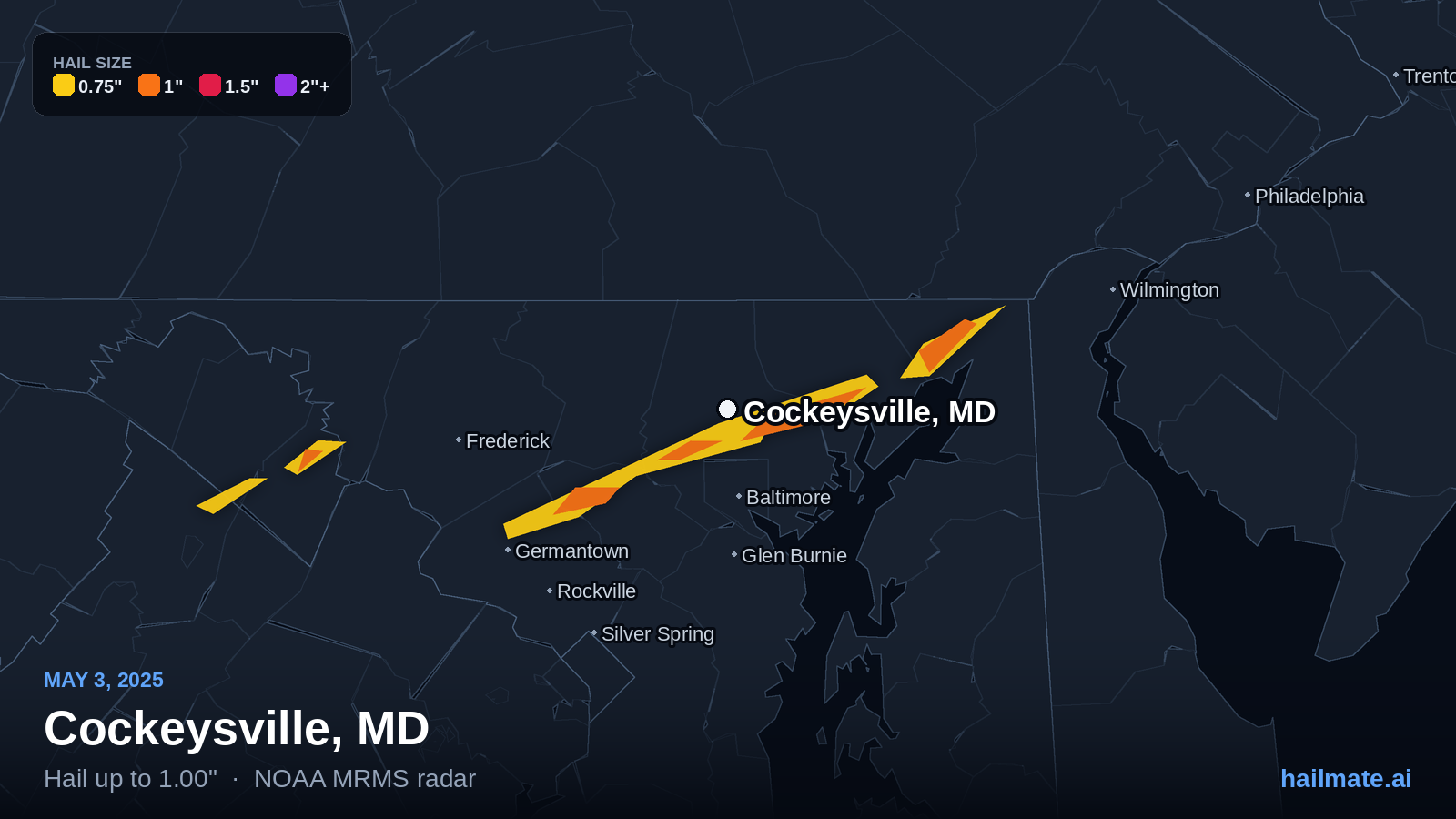 Hail swath map for Cockeysville, MD on May 3, 2025 showing 1.00 inch hail.