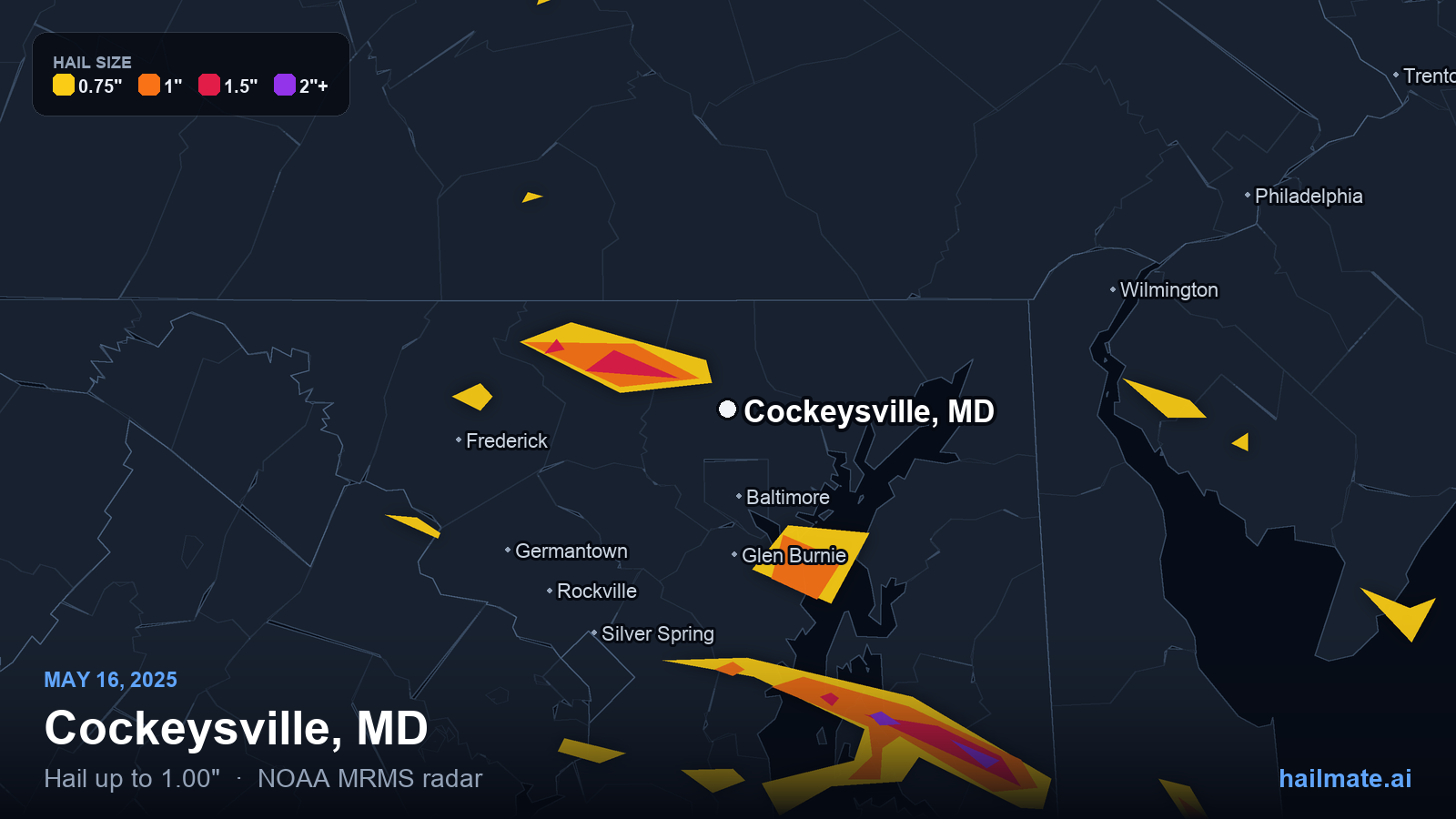 Hail swath map for Cockeysville, MD on May 16, 2025 showing 1.00 inch hail.