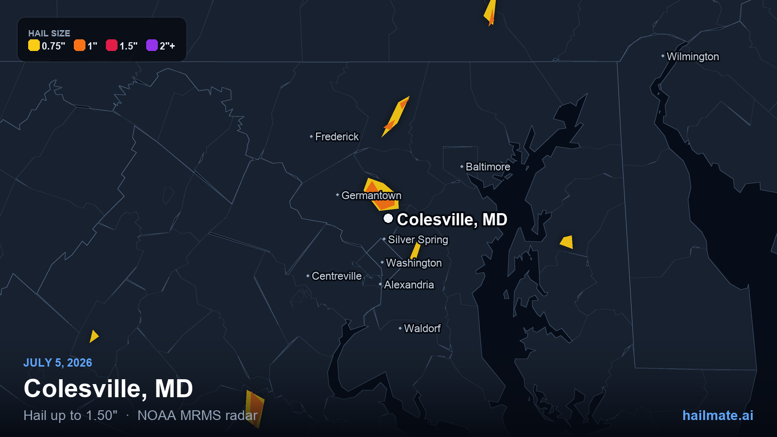 Hail swath map for Colesville, MD on July 5, 2026 showing 1.50 inch hail.