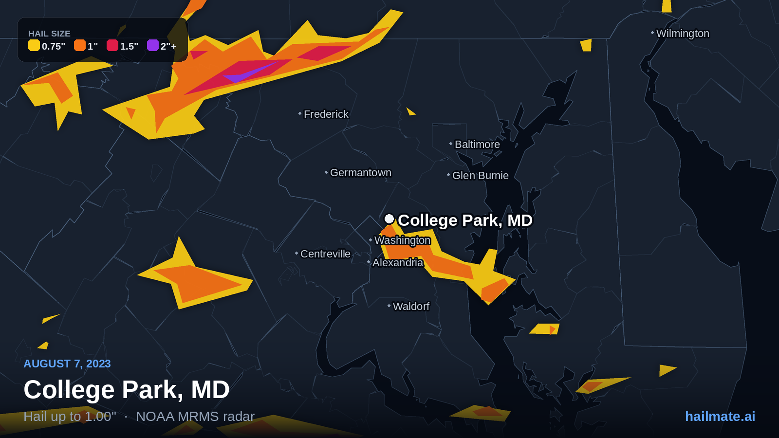 Hail swath map for College Park, MD on August 7, 2023 showing 1.00 inch hail.