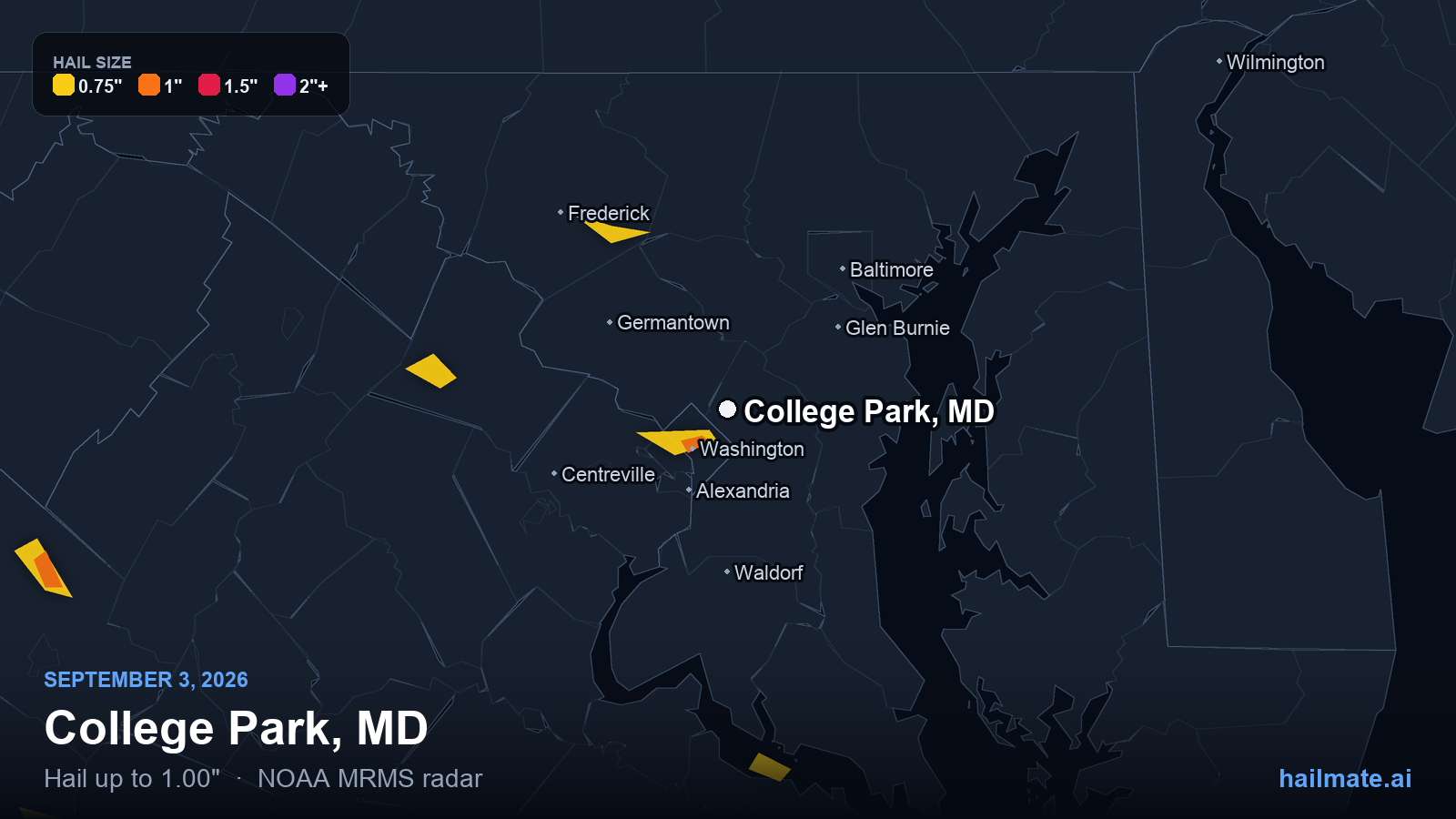 Hail swath map for College Park, MD on September 3, 2026 showing 1.00 inch hail.