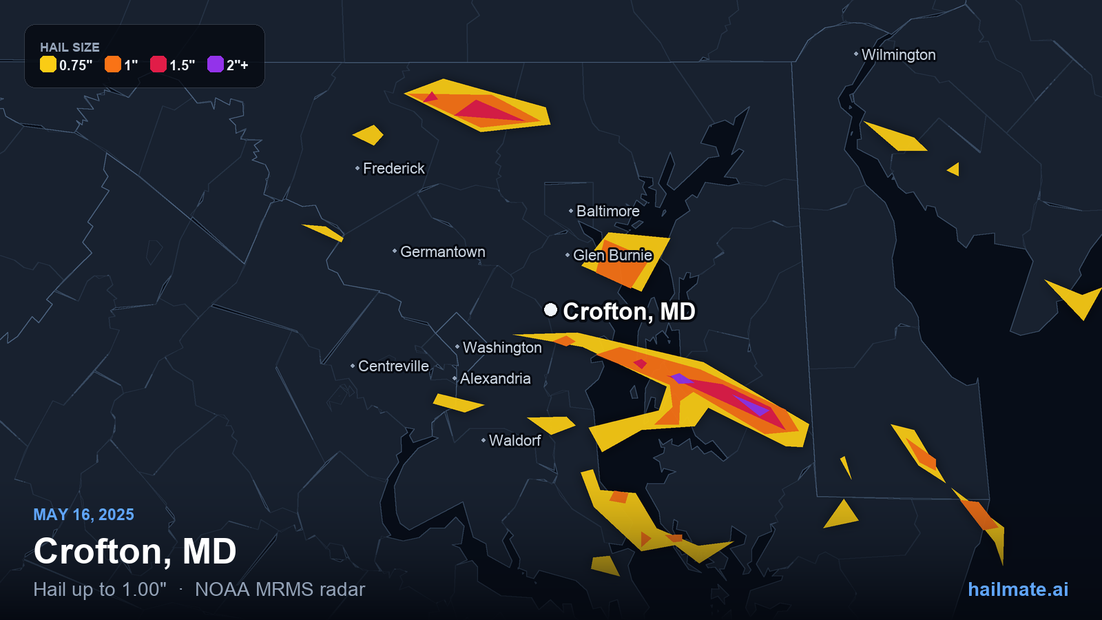 Hail swath map for Crofton, MD on May 16, 2025 showing 1.00 inch hail.