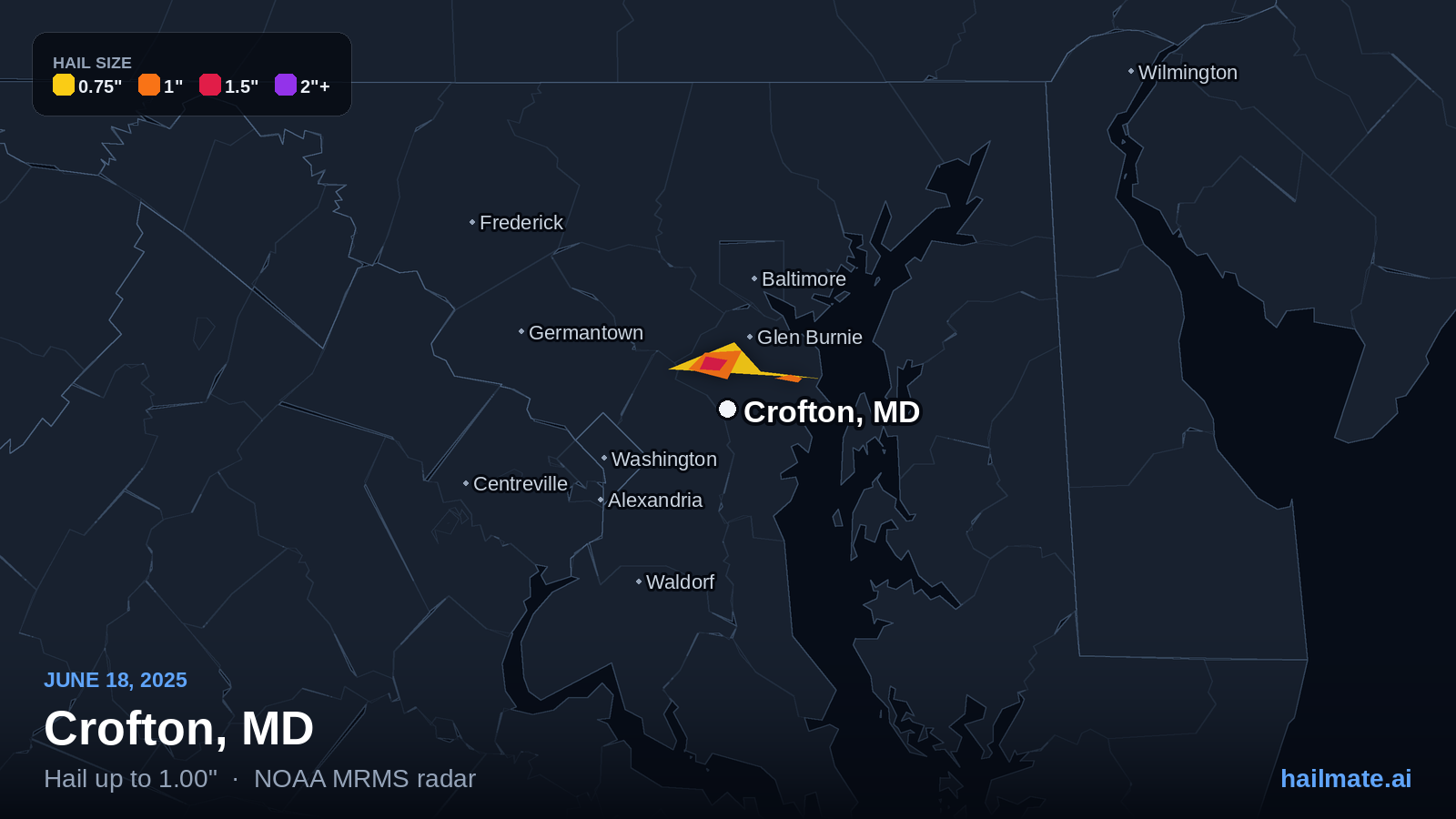 Hail swath map for Crofton, MD on June 18, 2025 showing 1.00 inch hail.