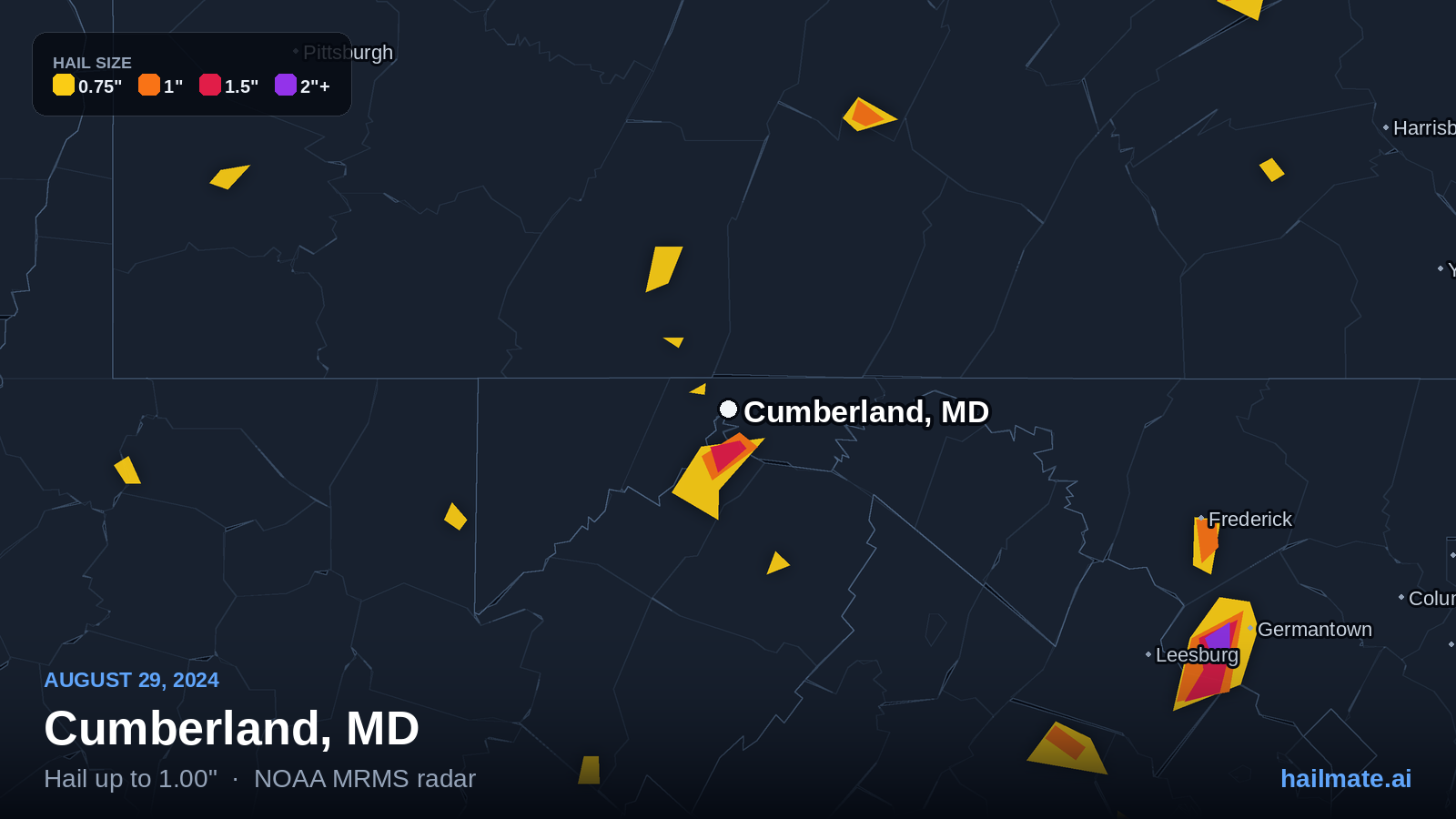 Hail swath map for Cumberland, MD on August 29, 2024 showing 1.00 inch hail.