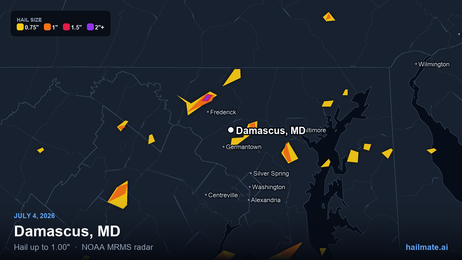 Hail swath map for Damascus, MD on July 4, 2026 showing 1.00 inch hail.