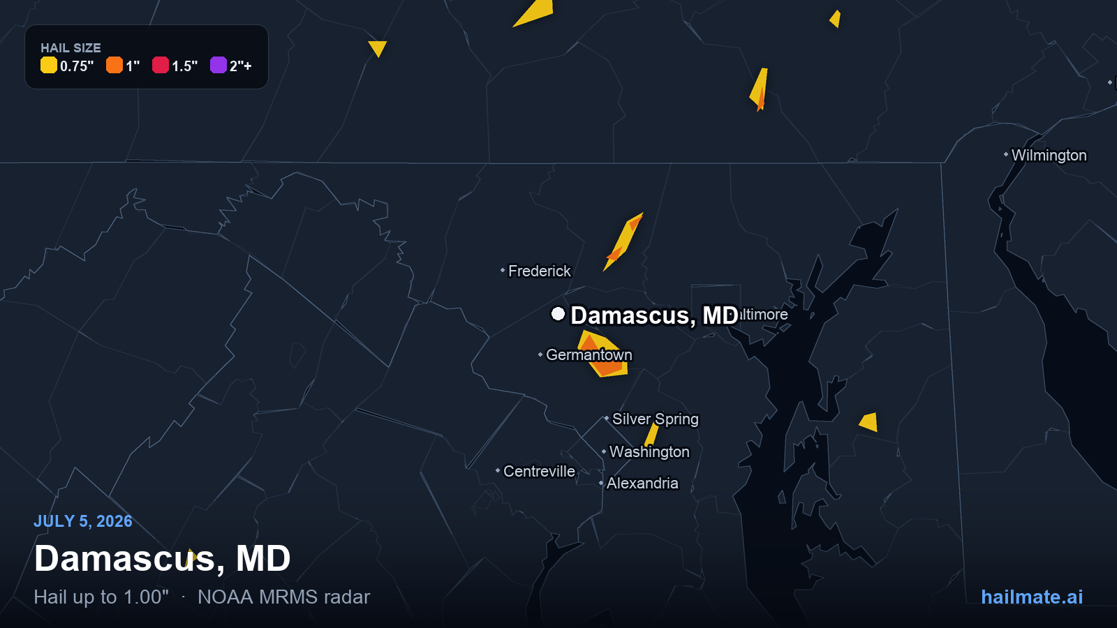 Hail swath map for Damascus, MD on July 5, 2026 showing 1.00 inch hail.