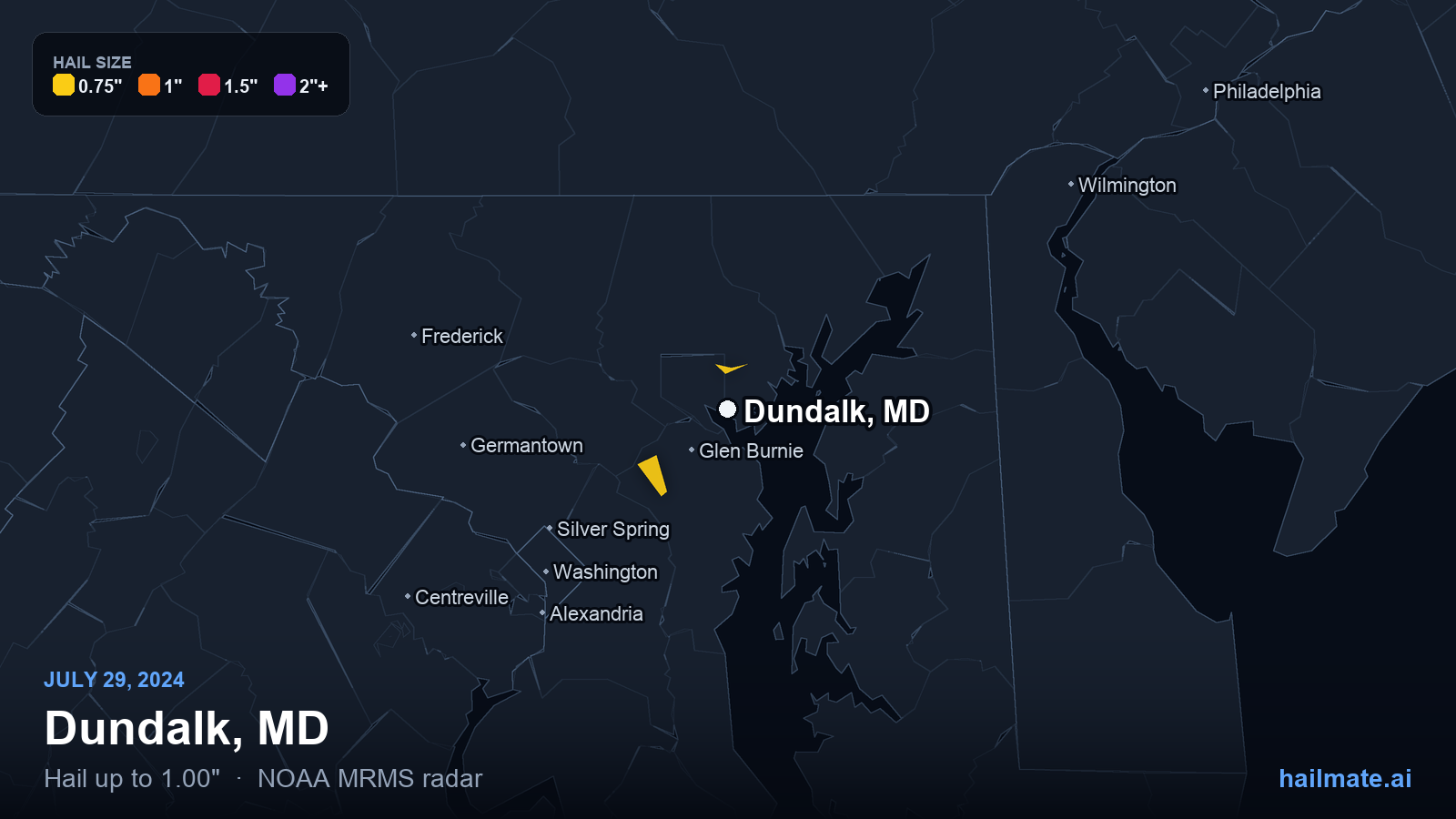 Hail swath map for Dundalk, MD on July 29, 2024 showing 1.00 inch hail.