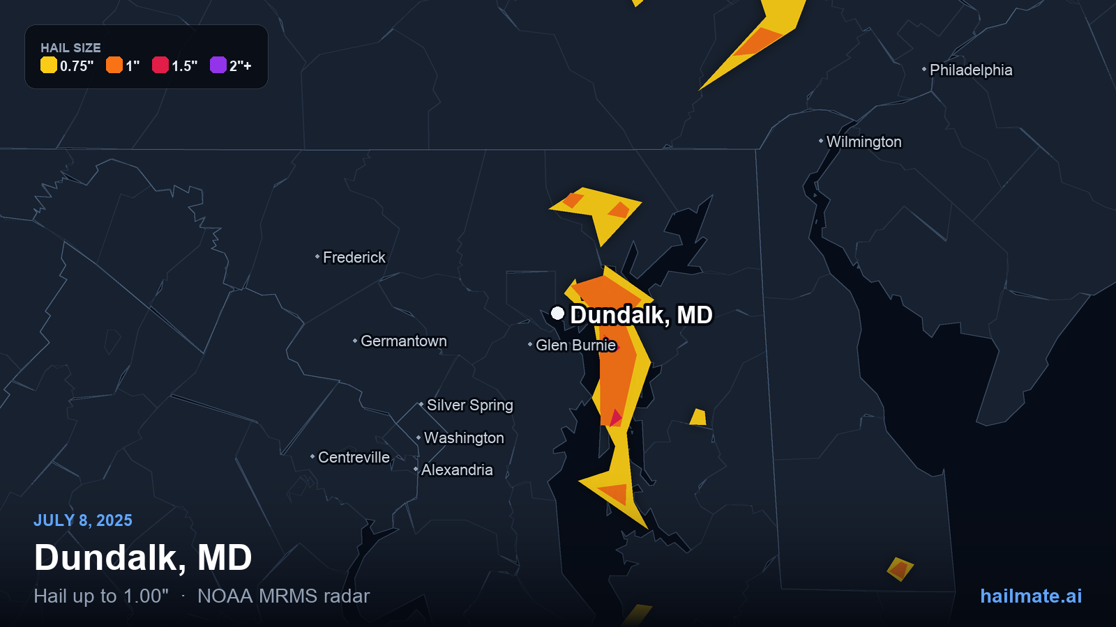Hail swath map for Dundalk, MD on July 8, 2025 showing 1.00 inch hail.