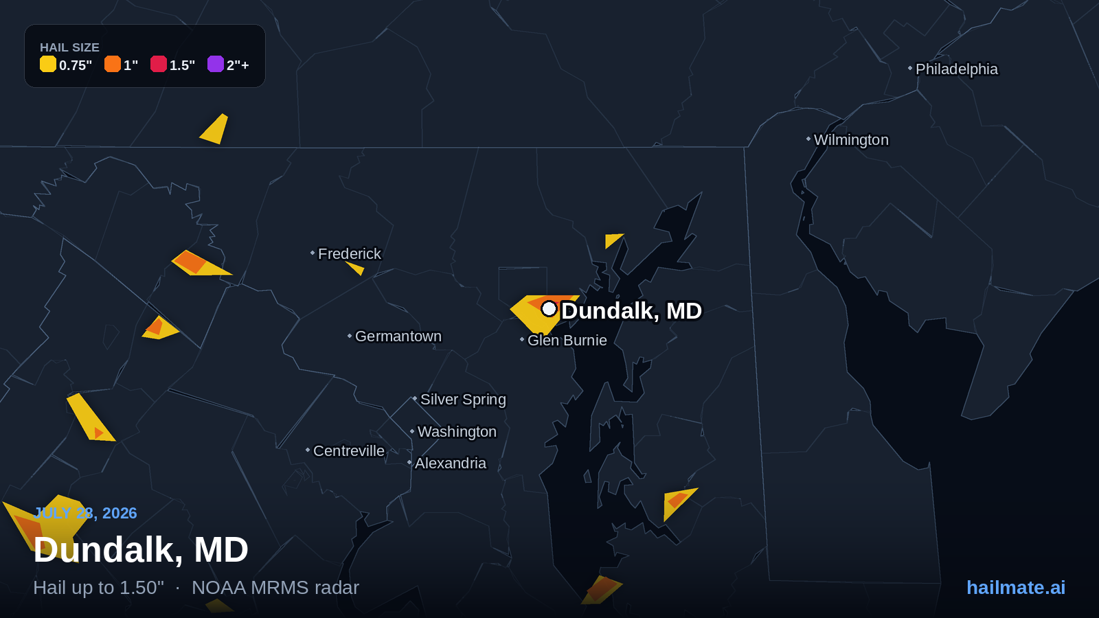 Hail swath map for Dundalk, MD on July 28, 2026 showing 1.50 inch hail.