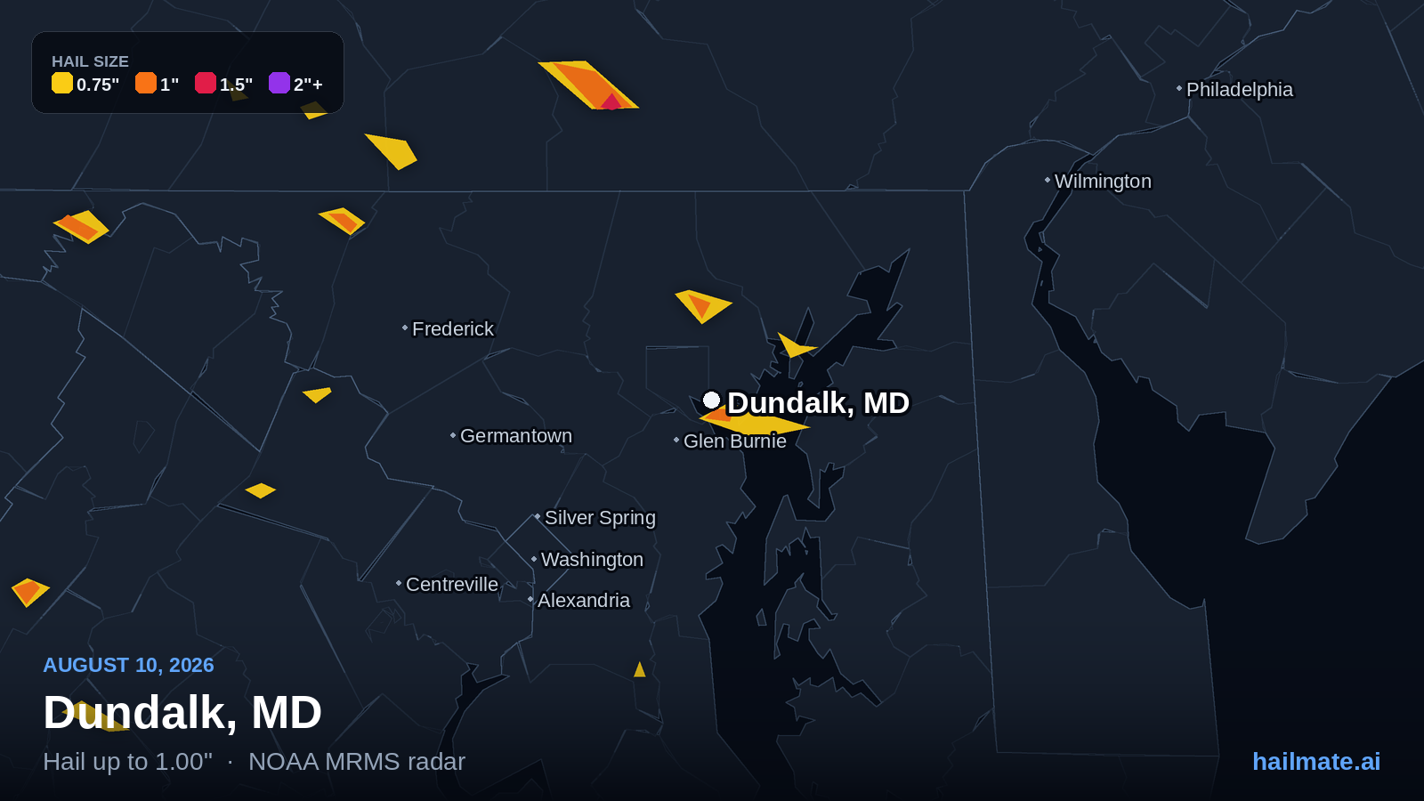 Hail swath map showing 1.00 inch hail over Dundalk, Maryland on August 10, 2026.