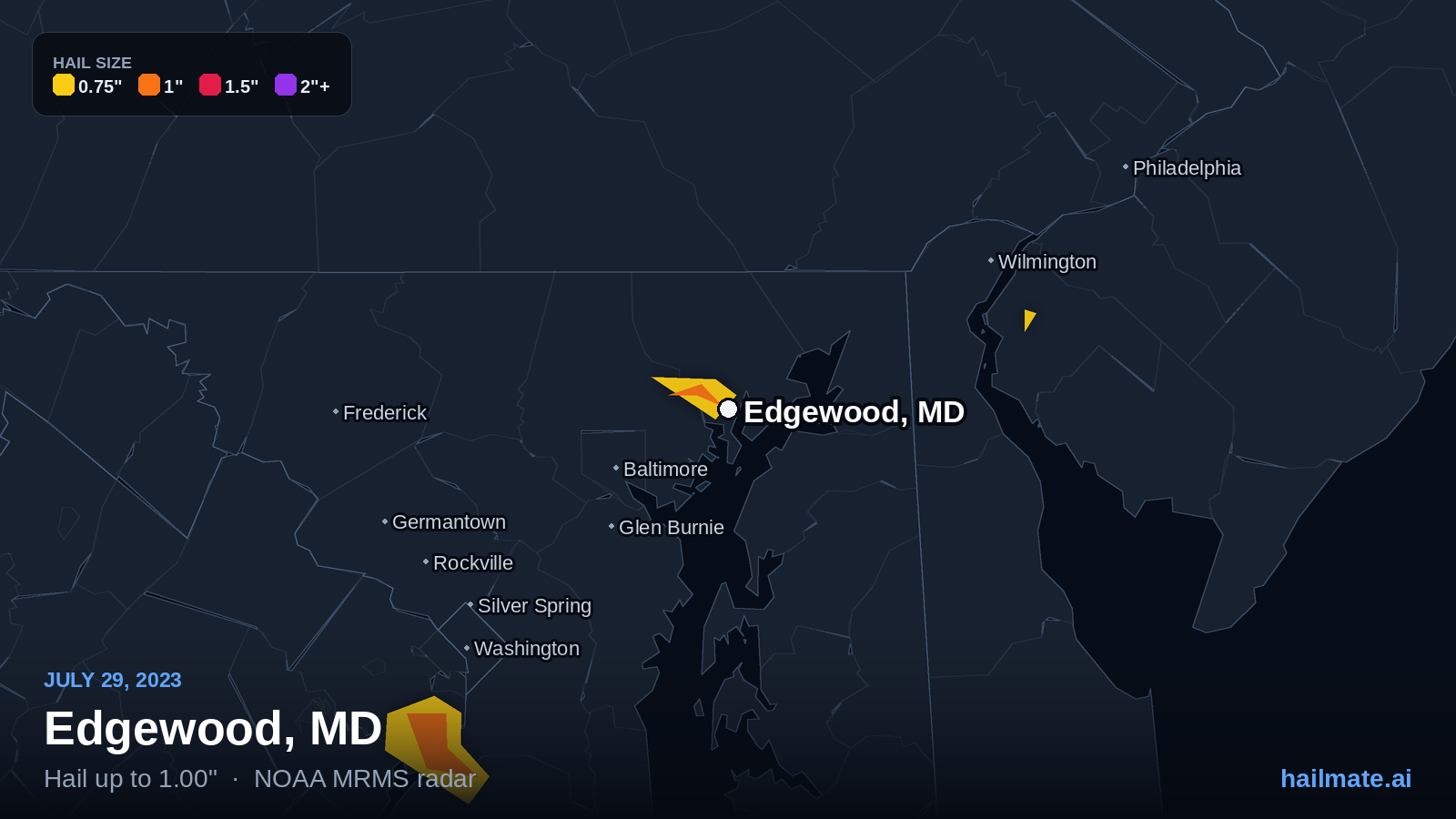 Hail swath map for Edgewood, MD on July 29, 2023 showing 1.00 inch hail.