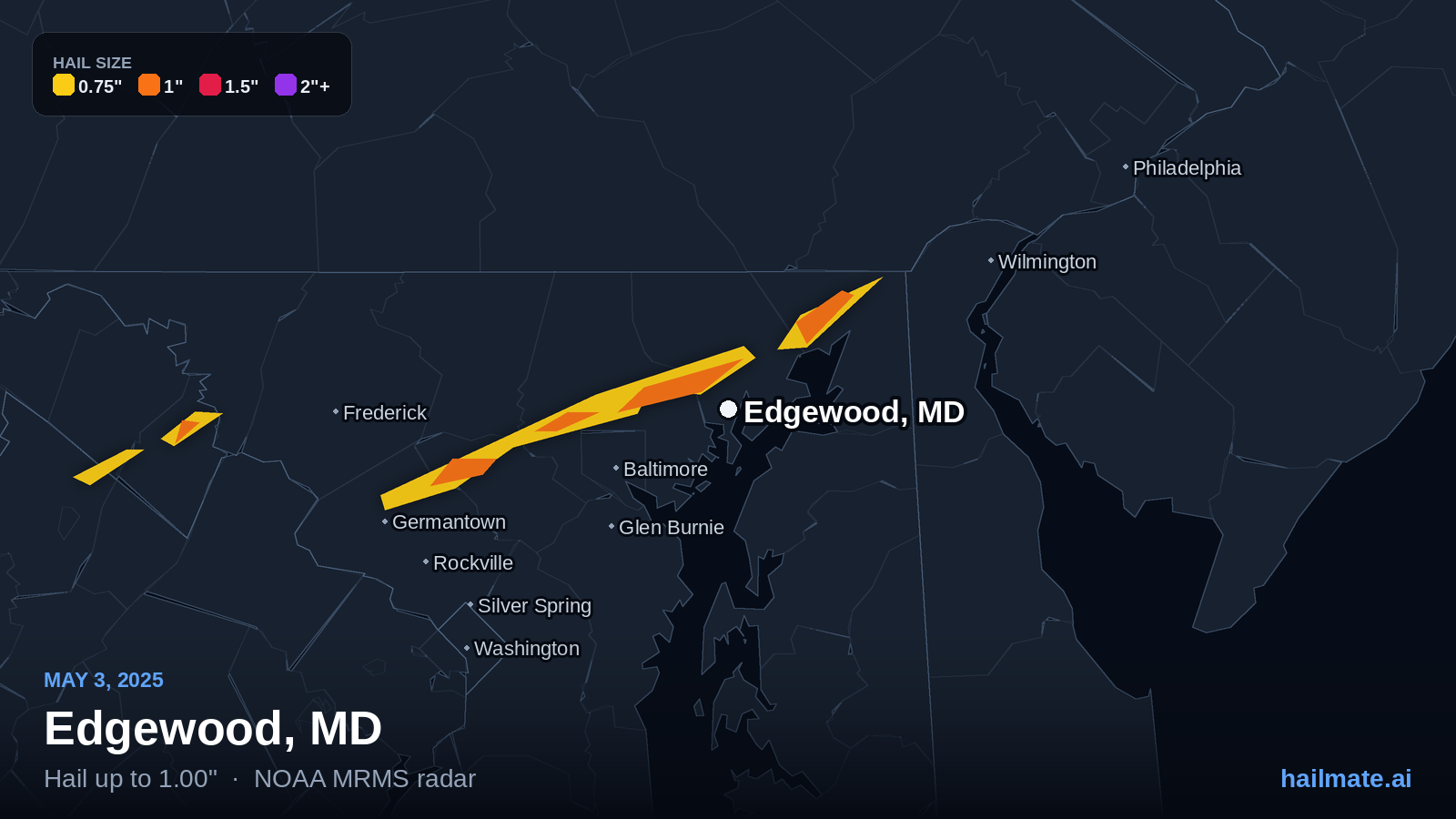 Hail swath map for Edgewood, MD on May 3, 2025 showing 1.00 inch hail.