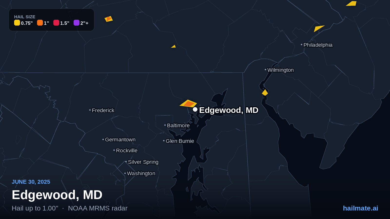 Hail swath map for Edgewood, MD on June 30, 2025 showing 1.00 inch hail.