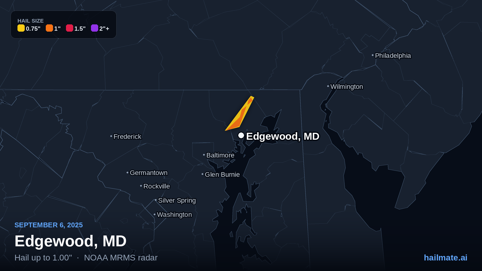 Hail swath map for Edgewood, MD on September 6, 2025 showing 1.00 inch hail.