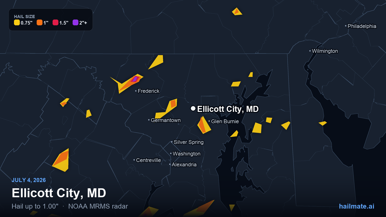 Hail swath map for Ellicott City, MD on July 4, 2026 showing 1.00 inch hail.