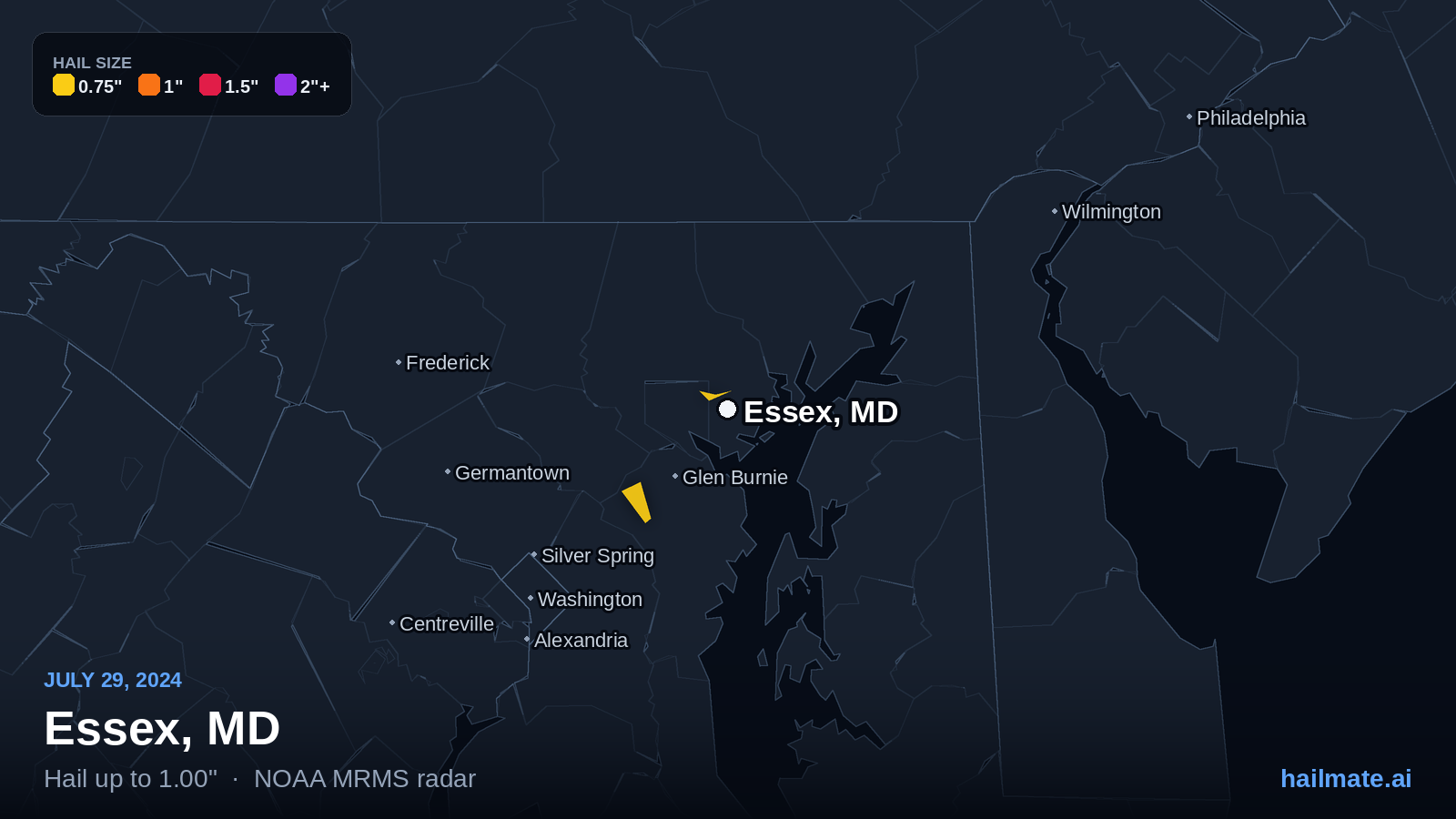 Hail swath map for Essex, MD on July 29, 2024 showing 1.00 inch hail.