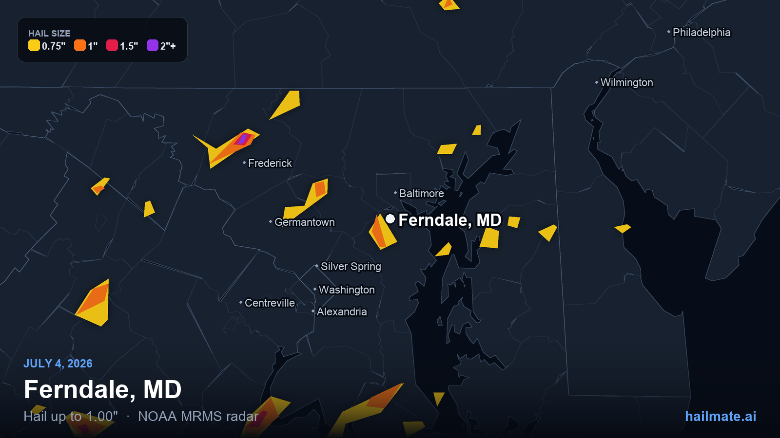 Hail swath map for Ferndale, MD on July 4, 2026 showing 1.00 inch hail.