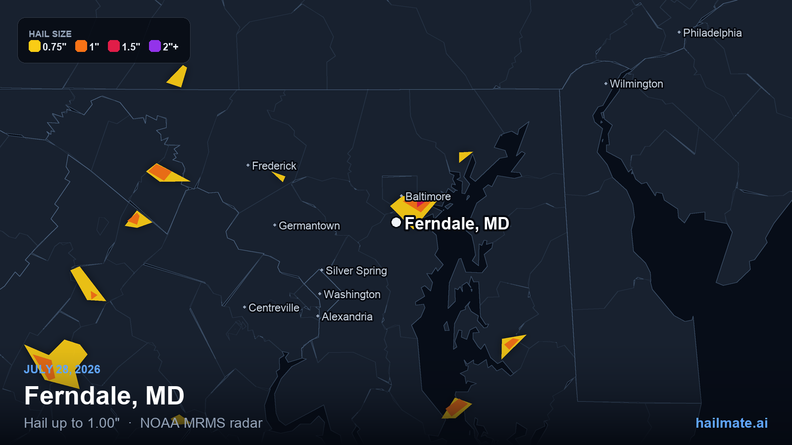 Hail swath map for Ferndale, MD on July 28, 2026 showing 1.00 inch hail.