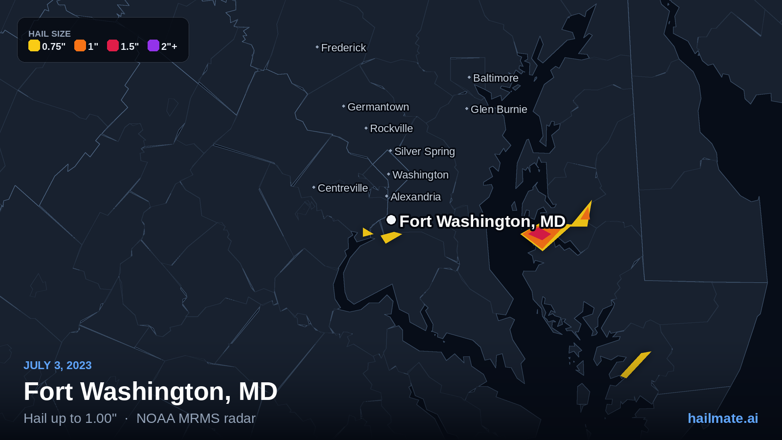 Hail swath map for Fort Washington, MD on July 3, 2023 showing 1.00 inch hail.
