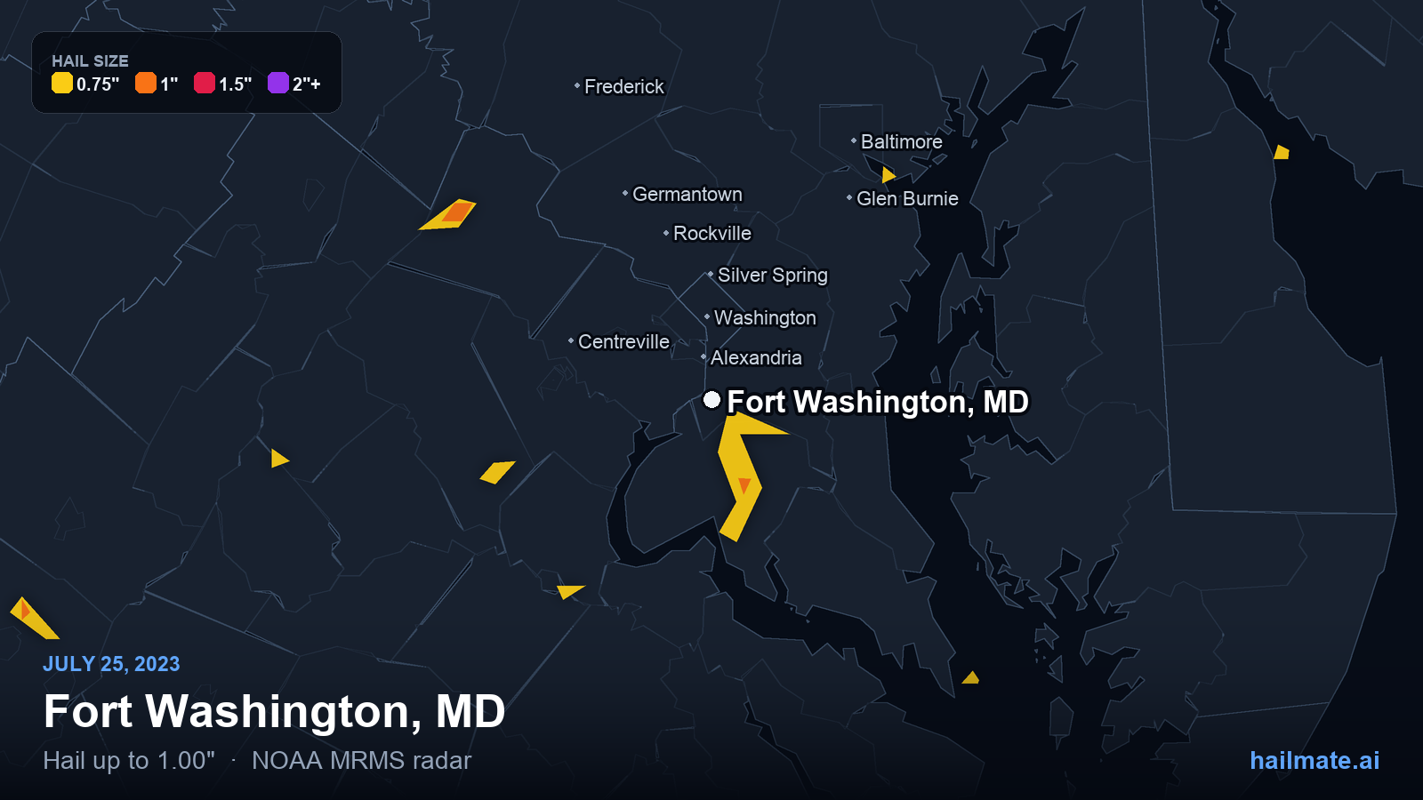 Hail swath map for Fort Washington, MD on July 25, 2023 showing 1.00 inch hail.