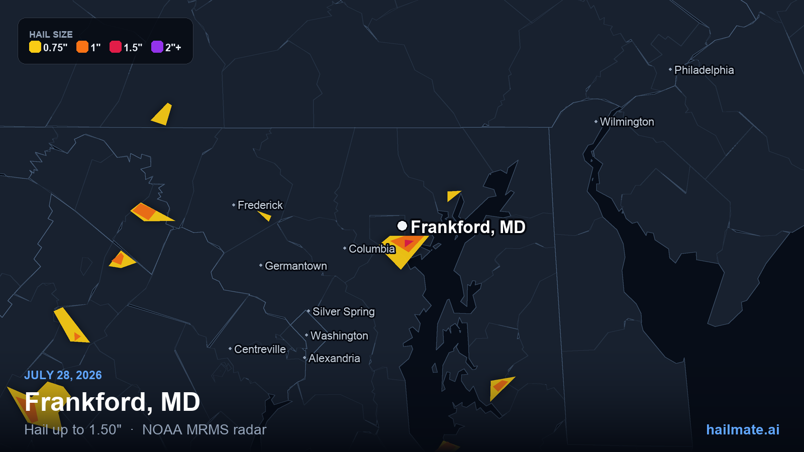 Hail swath map for Frankford, MD on July 28, 2026 showing 1.50 inch hail.
