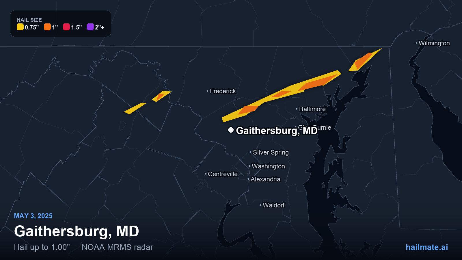 Hail swath map for Gaithersburg, MD on May 3, 2025 showing 1.00 inch hail.