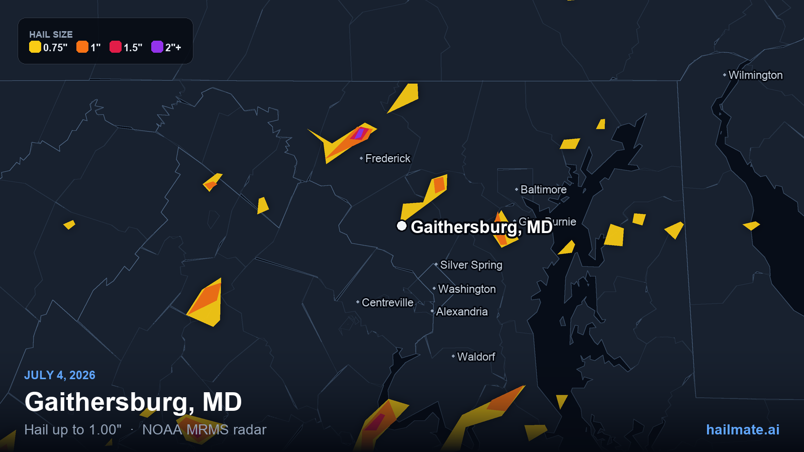 Hail swath map for Gaithersburg, MD on July 4, 2026 showing 1.00 inch hail.