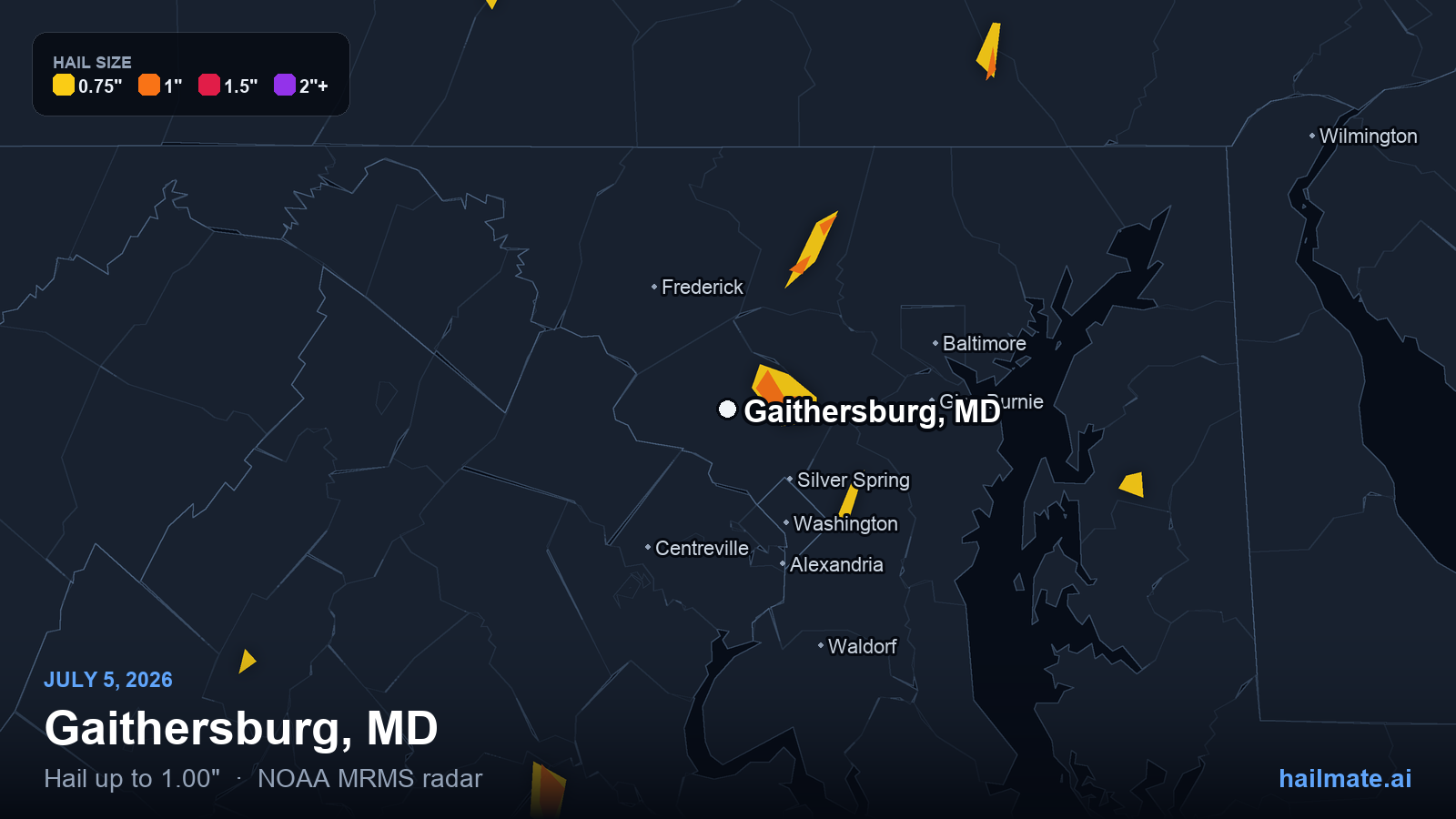 Hail swath map for Gaithersburg, MD on July 5, 2026 showing 1.00 inch hail.