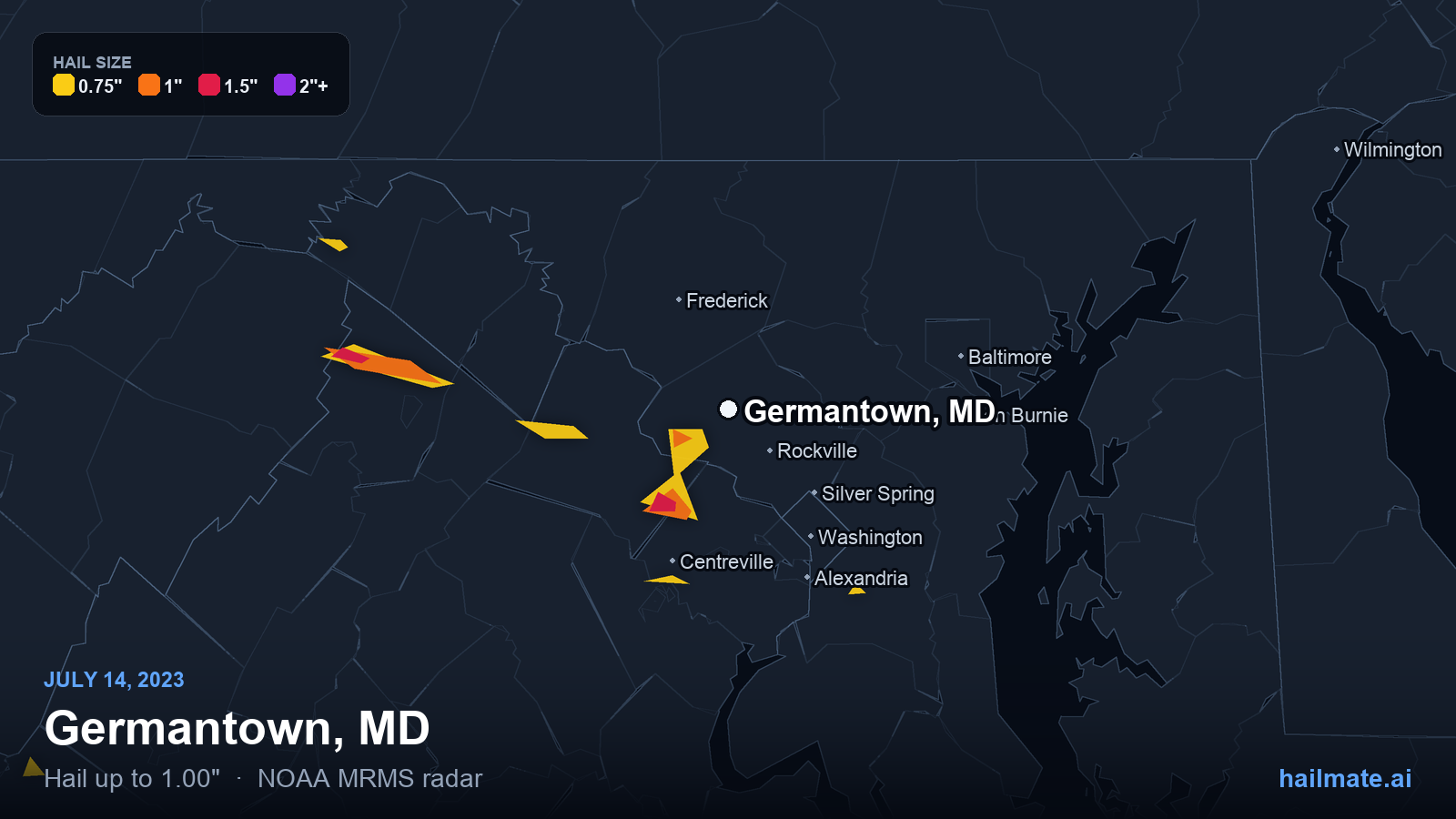 Hail swath map for Germantown, MD on July 14, 2023 showing 1.00 inch hail.
