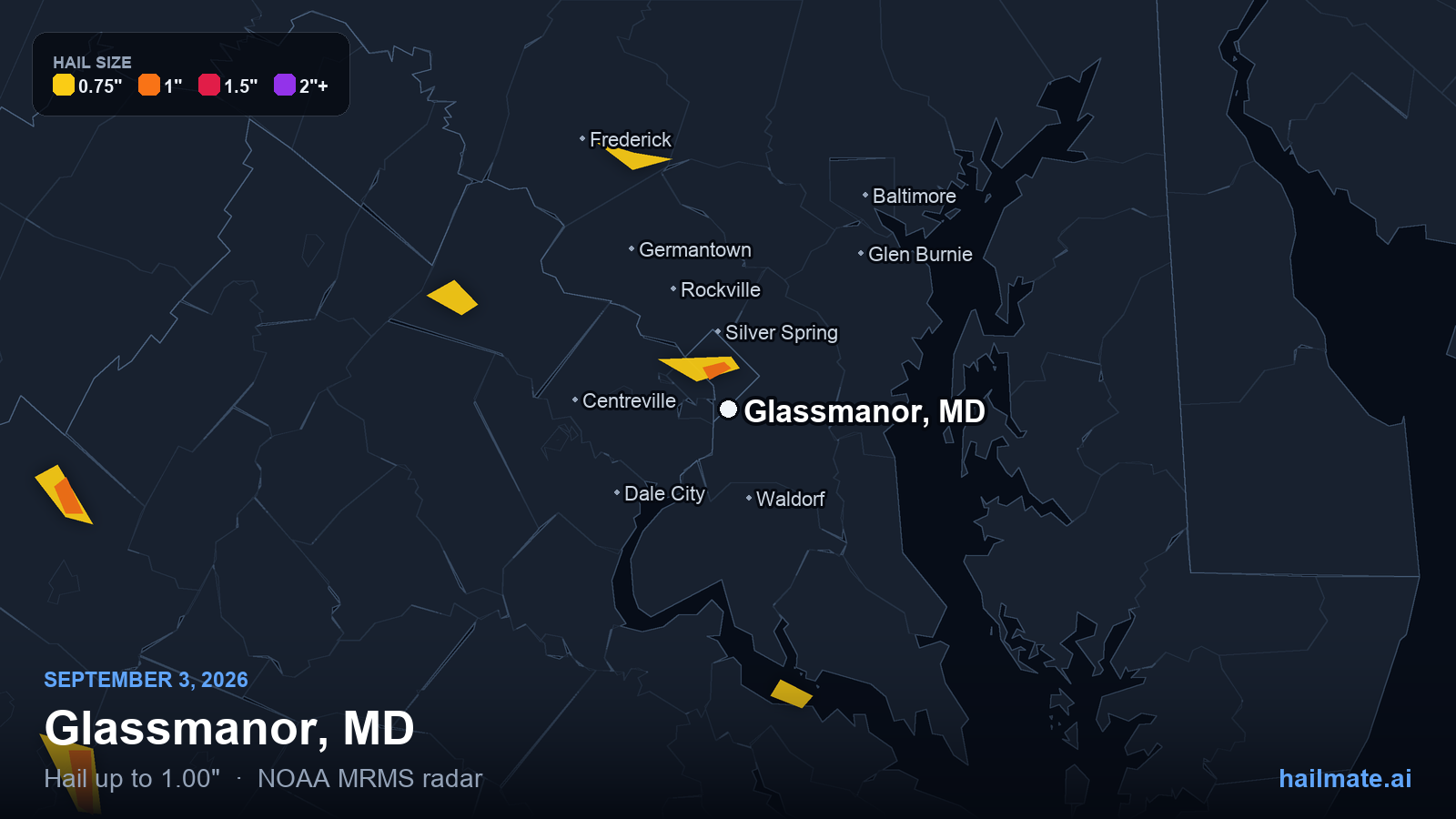 Hail swath map for Glassmanor, MD on September 3, 2026 showing 1.00 inch hail.