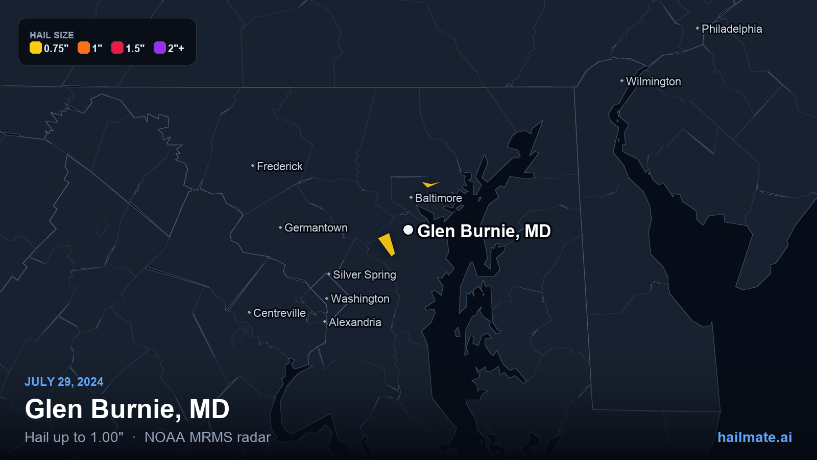 Hail swath map for Glen Burnie, MD on July 29, 2024 showing 1.00 inch hail.