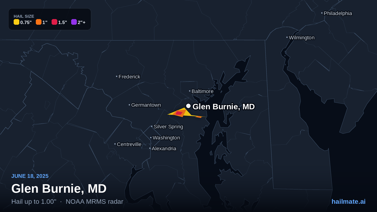 Hail swath map for Glen Burnie, MD on June 18, 2025 showing 1.00 inch hail.