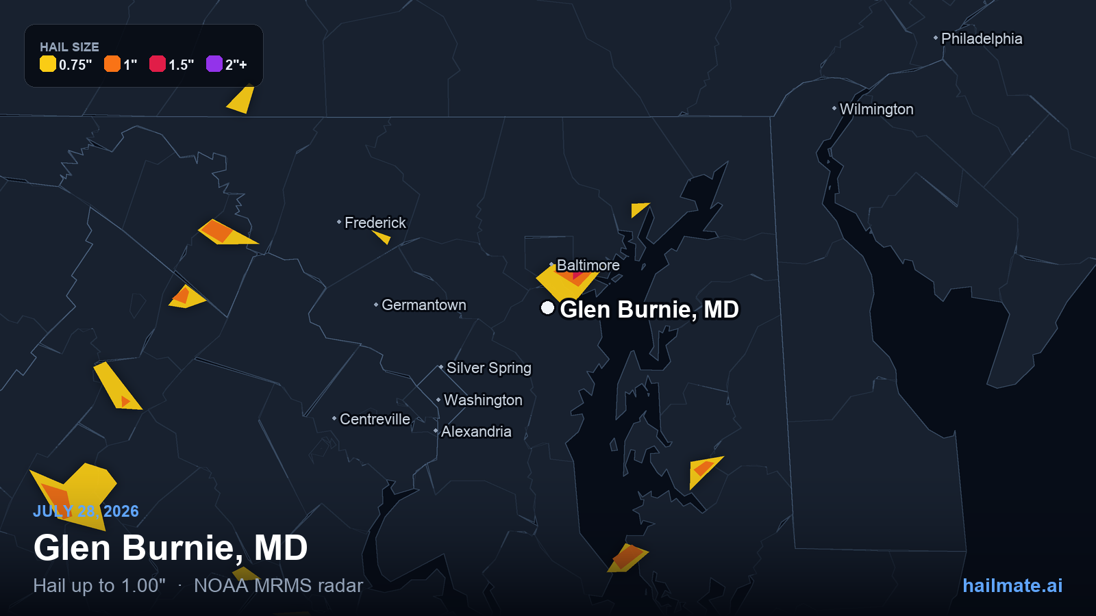 Hail swath map for Glen Burnie, MD on July 28, 2026 showing 1.00 inch hail.