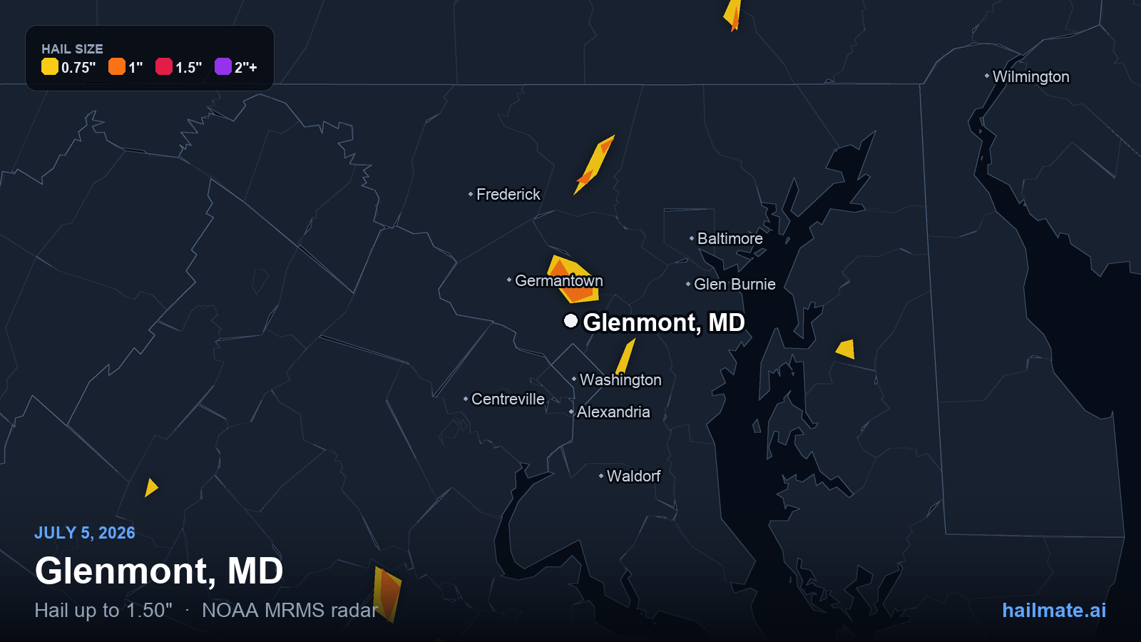 Hail swath map for Glenmont, MD on July 5, 2026 showing 1.50 inch hail.
