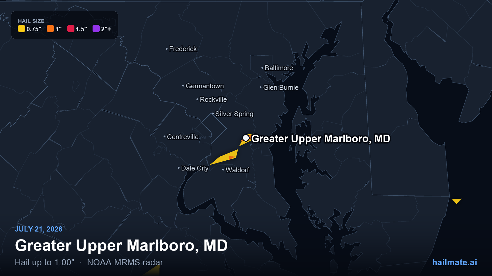 Hail swath map for Greater Upper Marlboro, MD on July 21, 2026 showing 1.00 inch hail.