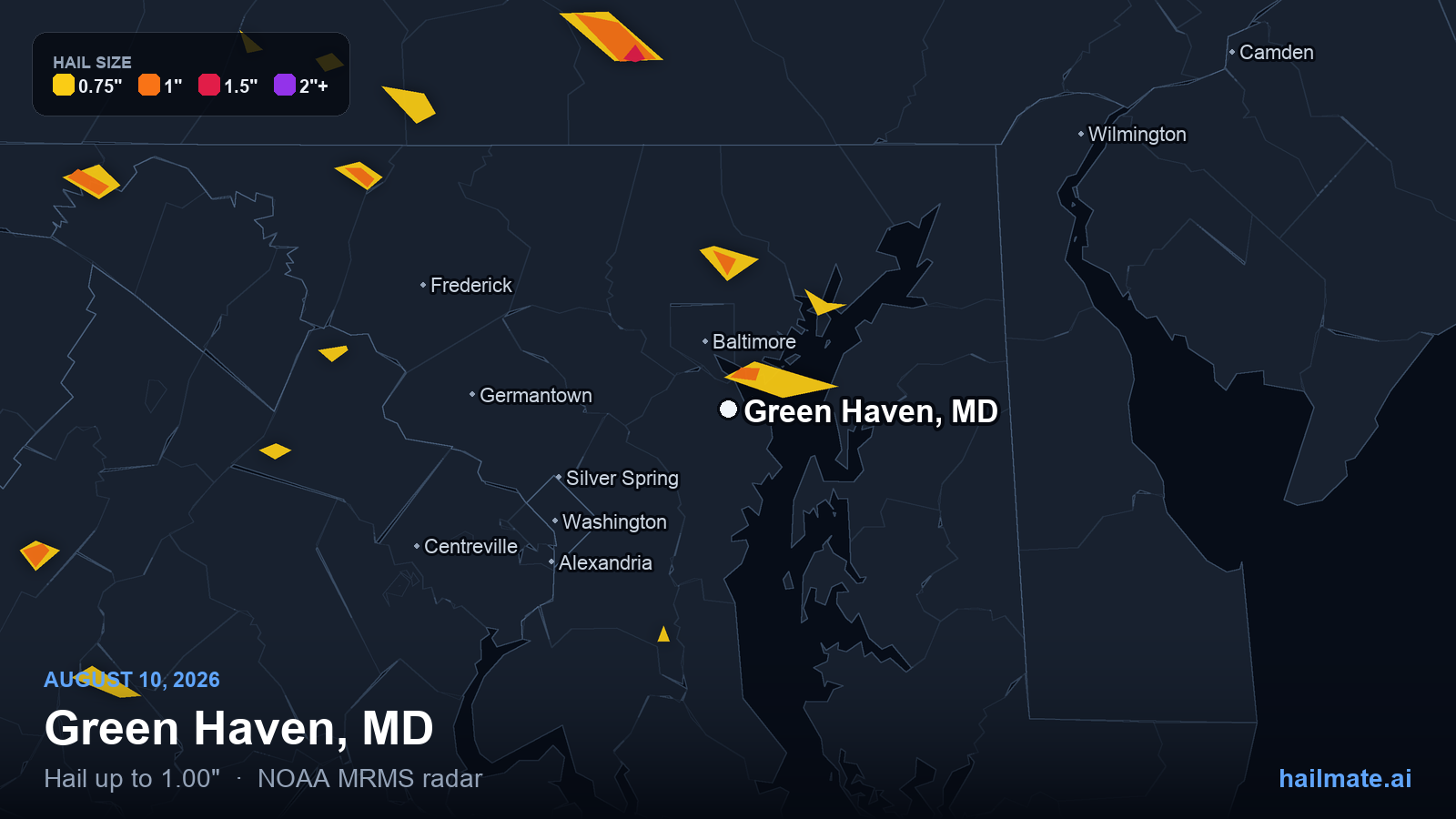 Hail swath map for Green Haven, MD on August 10, 2026 showing 1.00 inch hail.
