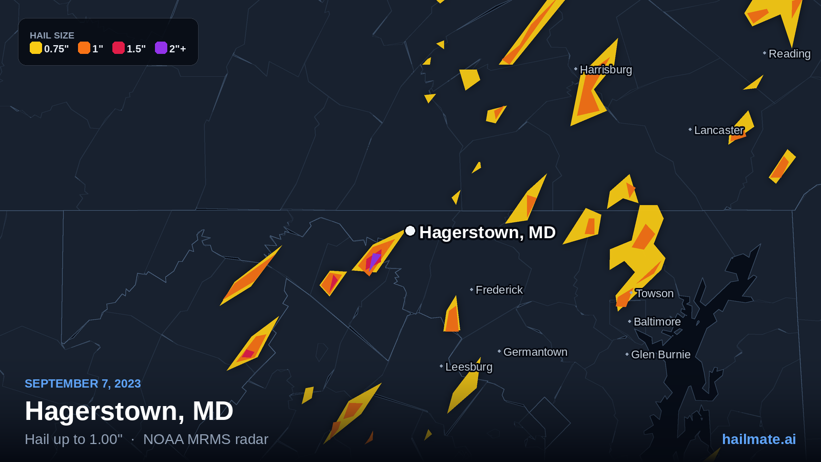 Hail swath map for Hagerstown, MD on September 7, 2023 showing 1.00 inch hail.