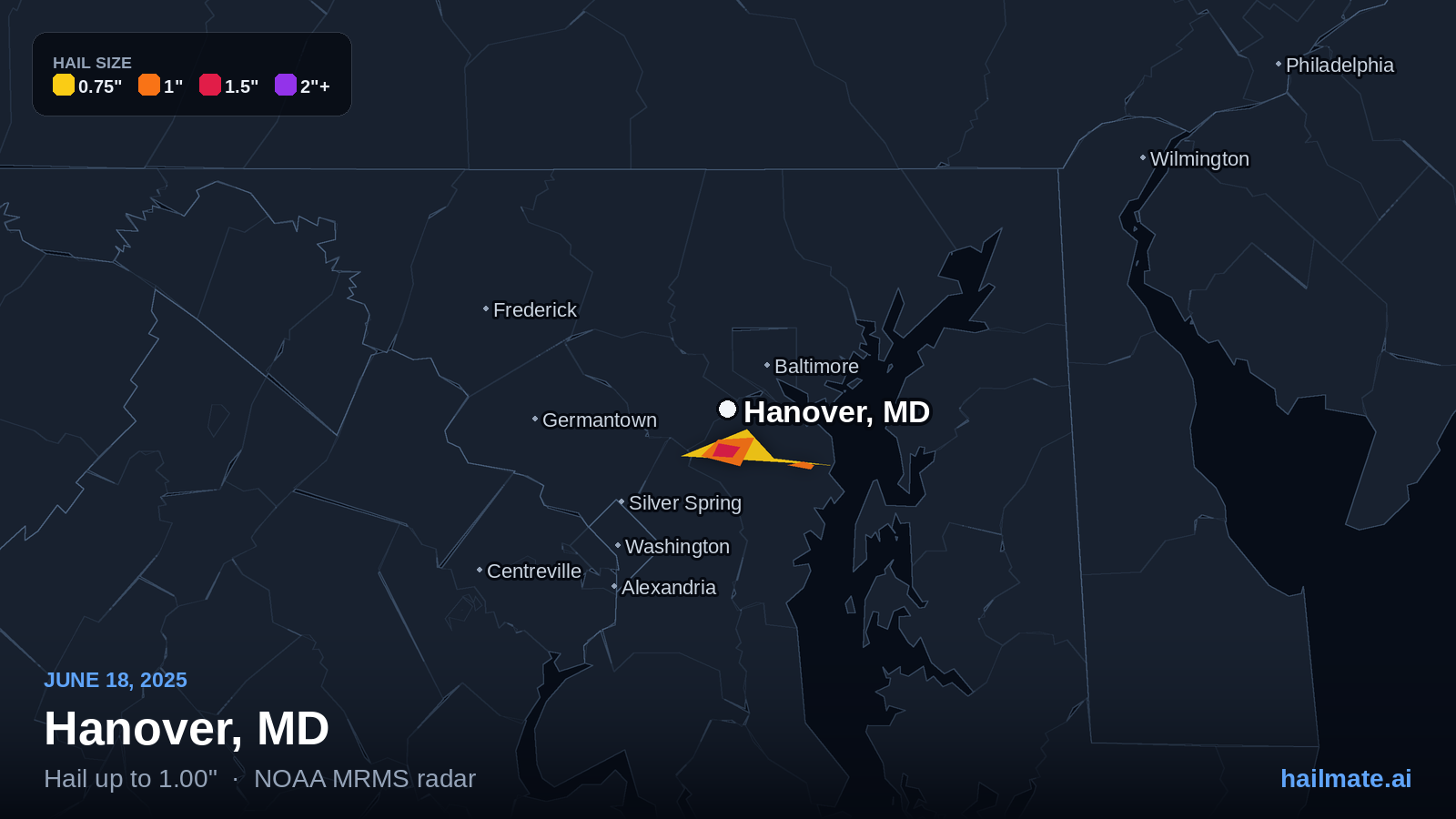 Hail swath map for Hanover, MD on June 18, 2025 showing 1.00 inch hail.