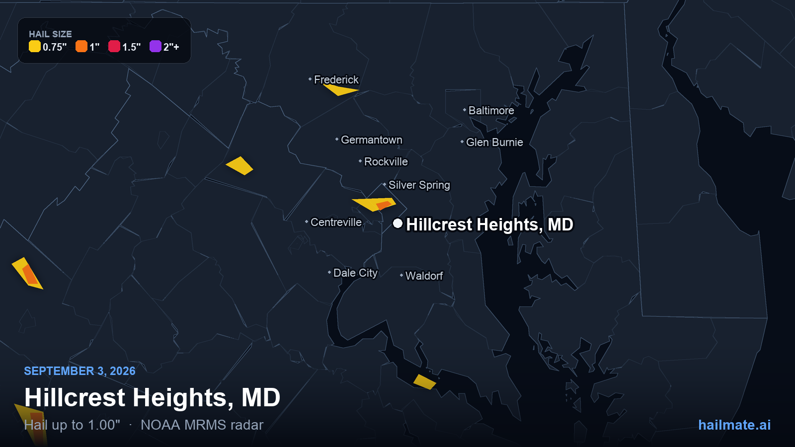 Hail swath map for Hillcrest Heights, MD on September 3, 2026 showing 1.00 inch hail.