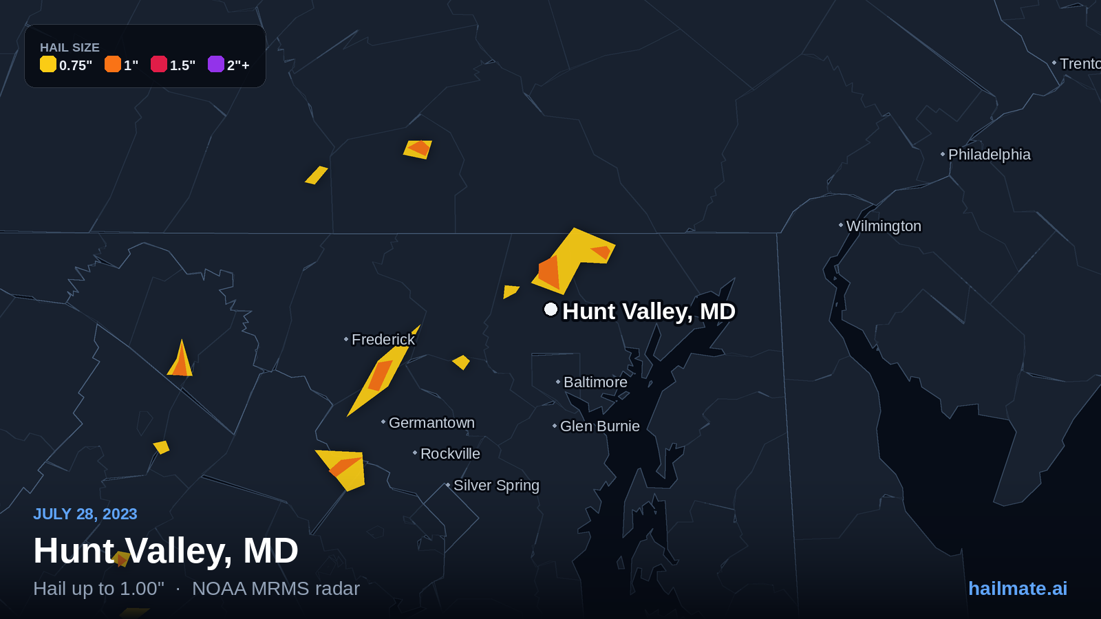 Hail swath map for Hunt Valley, MD on July 28, 2023 showing 1.00 inch hail.