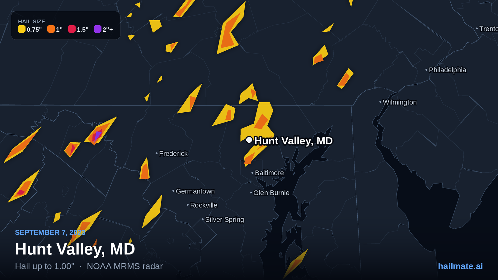 Hail swath map for Hunt Valley, MD on September 7, 2023 showing 1.00 inch hail.