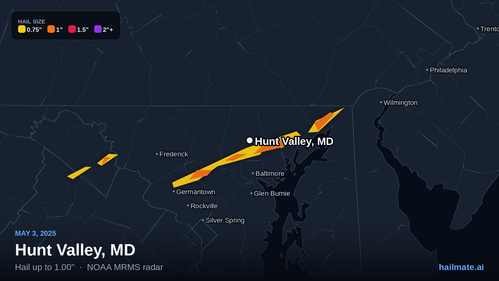 Hail swath map for Hunt Valley, MD on May 3, 2025 showing 1.00 inch hail.