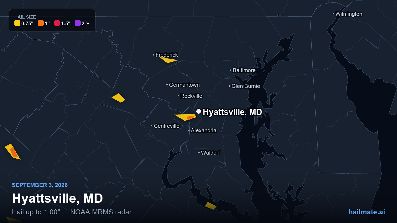 Hail swath map for Hyattsville, MD on September 3, 2026 showing 1.00 inch hail.